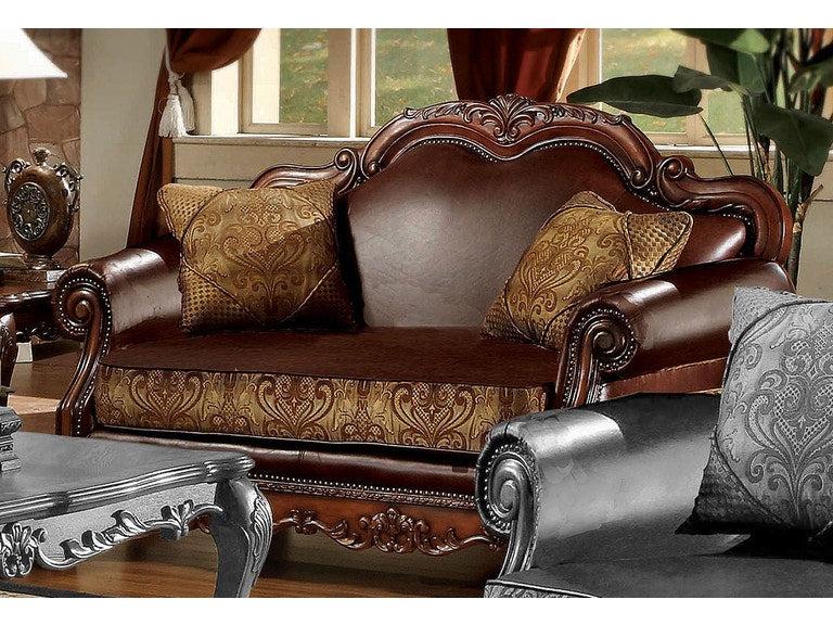 Dresden Brown PU & Chenille, Cherry Oak Loveseat w/2 Pillows - Ideal Furniture (Fresno,CA)