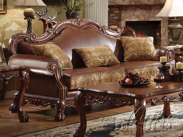 Dresden Brown PU & Chenille, Cherry Oak Sofa w/3 Pillows - Ideal Furniture (Fresno,CA)