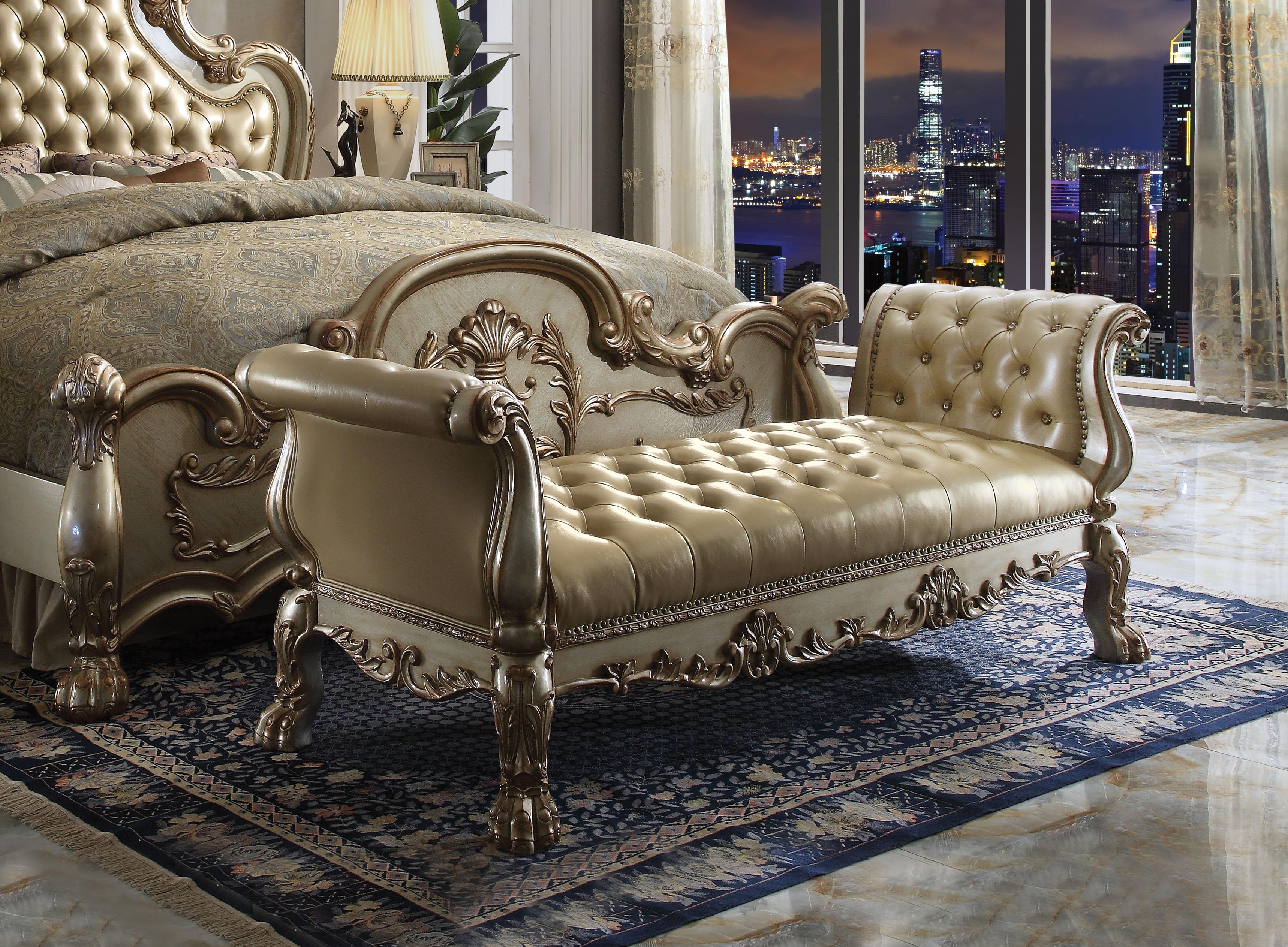 Dresden Bone PU & Gold Patina Bench - Ideal Furniture (Fresno,CA)