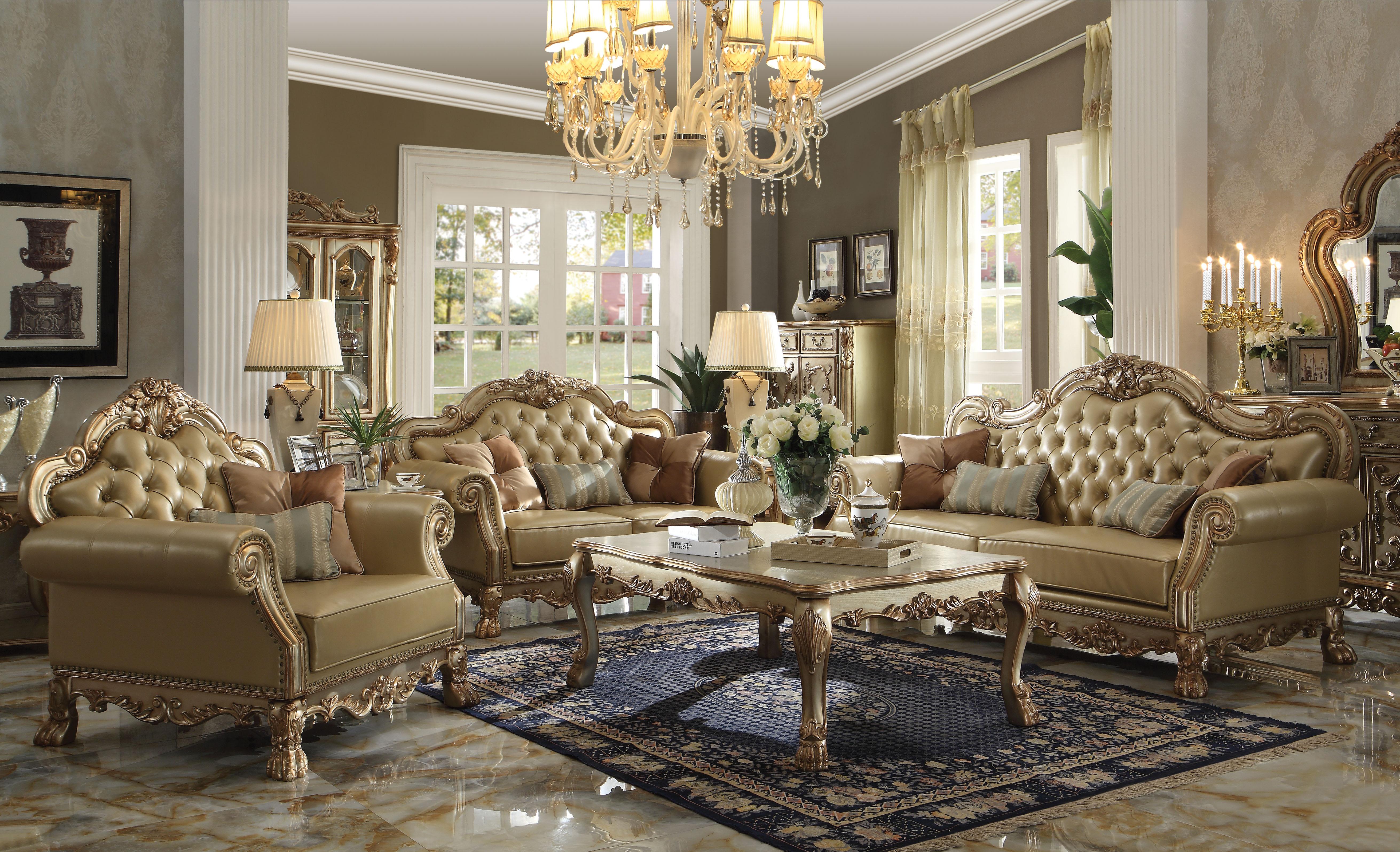 Dresden Bone PU & Gold Patina Sofa w/4 Pillows - Ideal Furniture (Fresno,CA)
