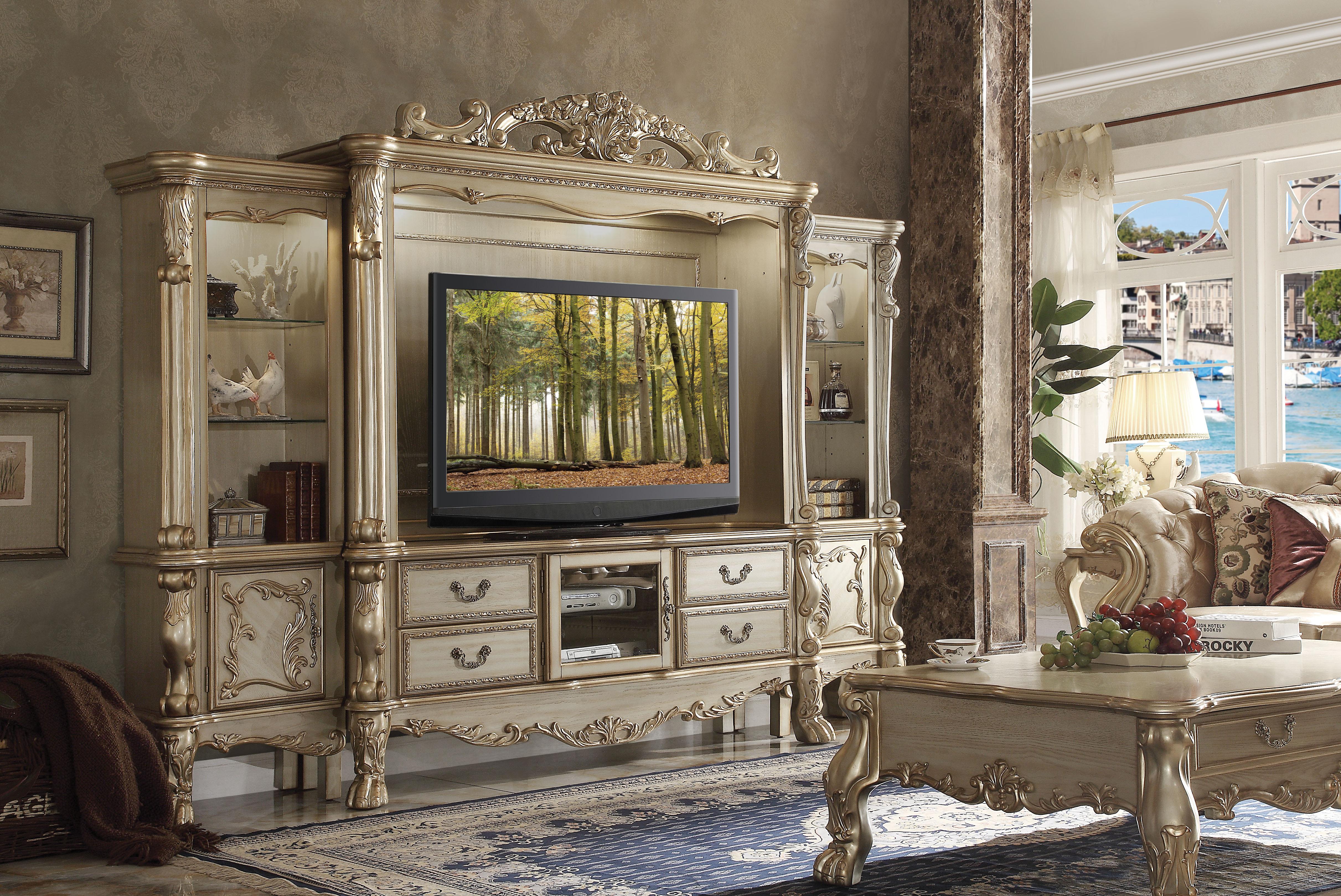 Dresden Gold Patina & Bone Entertainment Center (Side Piers & Bridge) - Ideal Furniture (Fresno,CA)