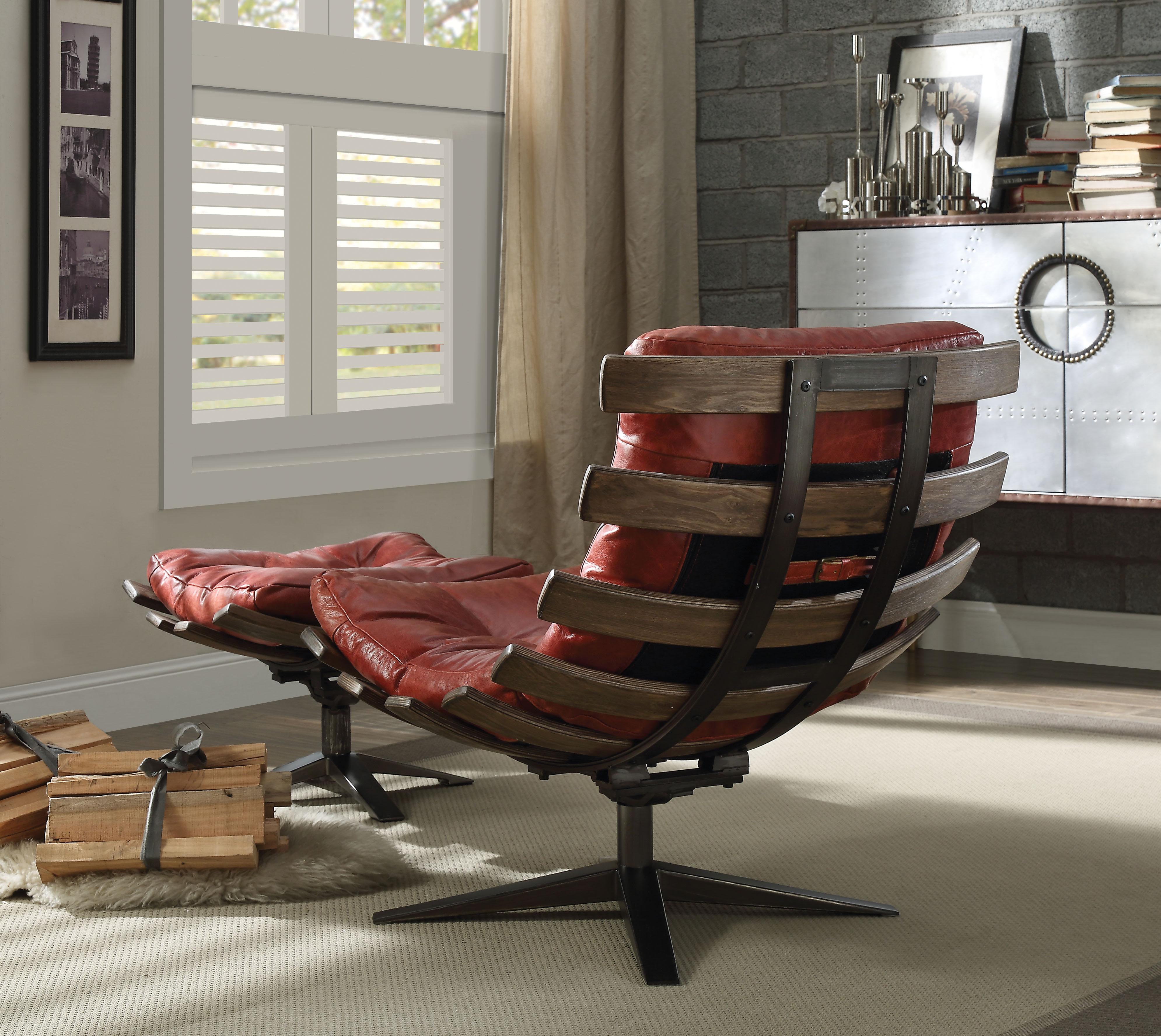 Gandy Antique Red Top Grain Leather Chair & Ottoman (2Pc Pk) - Ideal Furniture (Fresno,CA)