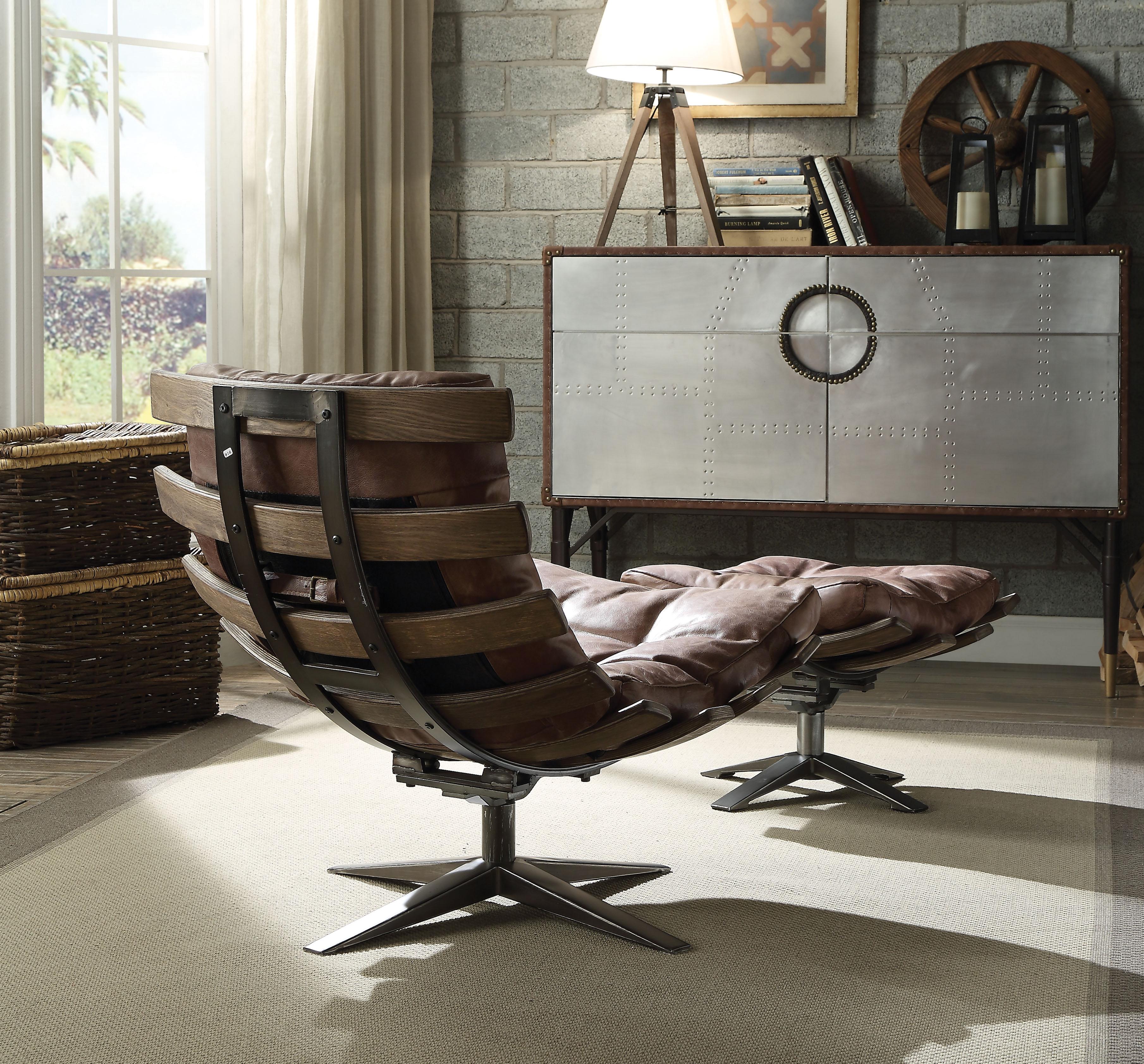 Gandy Retro Brown Top Grain Leather Chair & Ottoman (2Pc Pk) - Ideal Furniture (Fresno,CA)