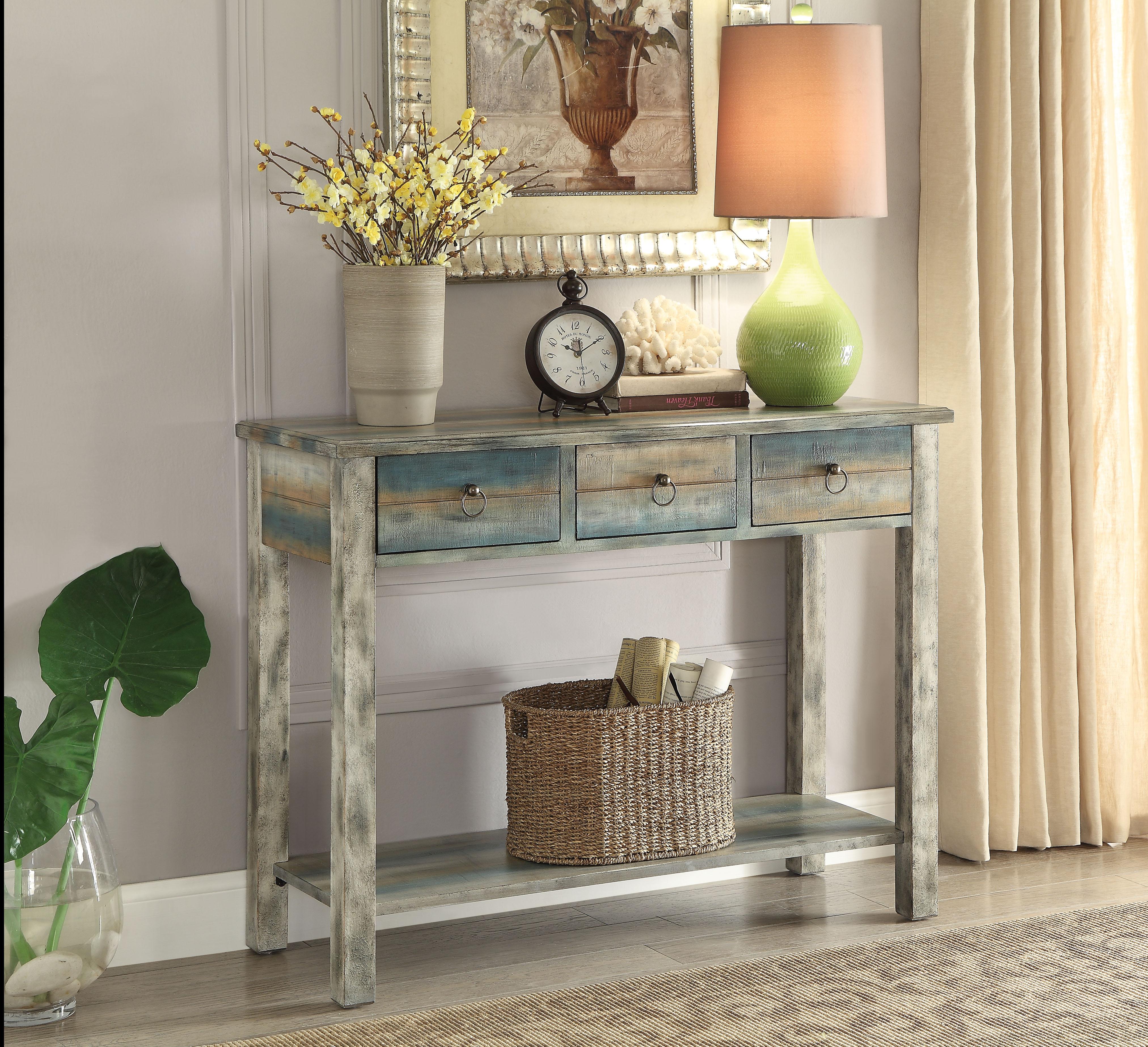Glancio Antique White & Teal Console Table - Ideal Furniture (Fresno,CA)