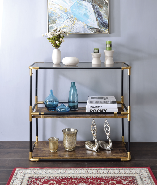 Heleris Black/Gold & Smoky Glass Console Table - Ideal Furniture (Fresno,CA)