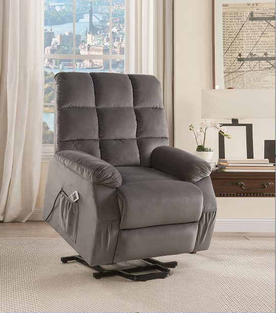 Ipompea Gray Velvet Recliner w/Power Lift & Massage - Ideal Furniture (Fresno,CA)