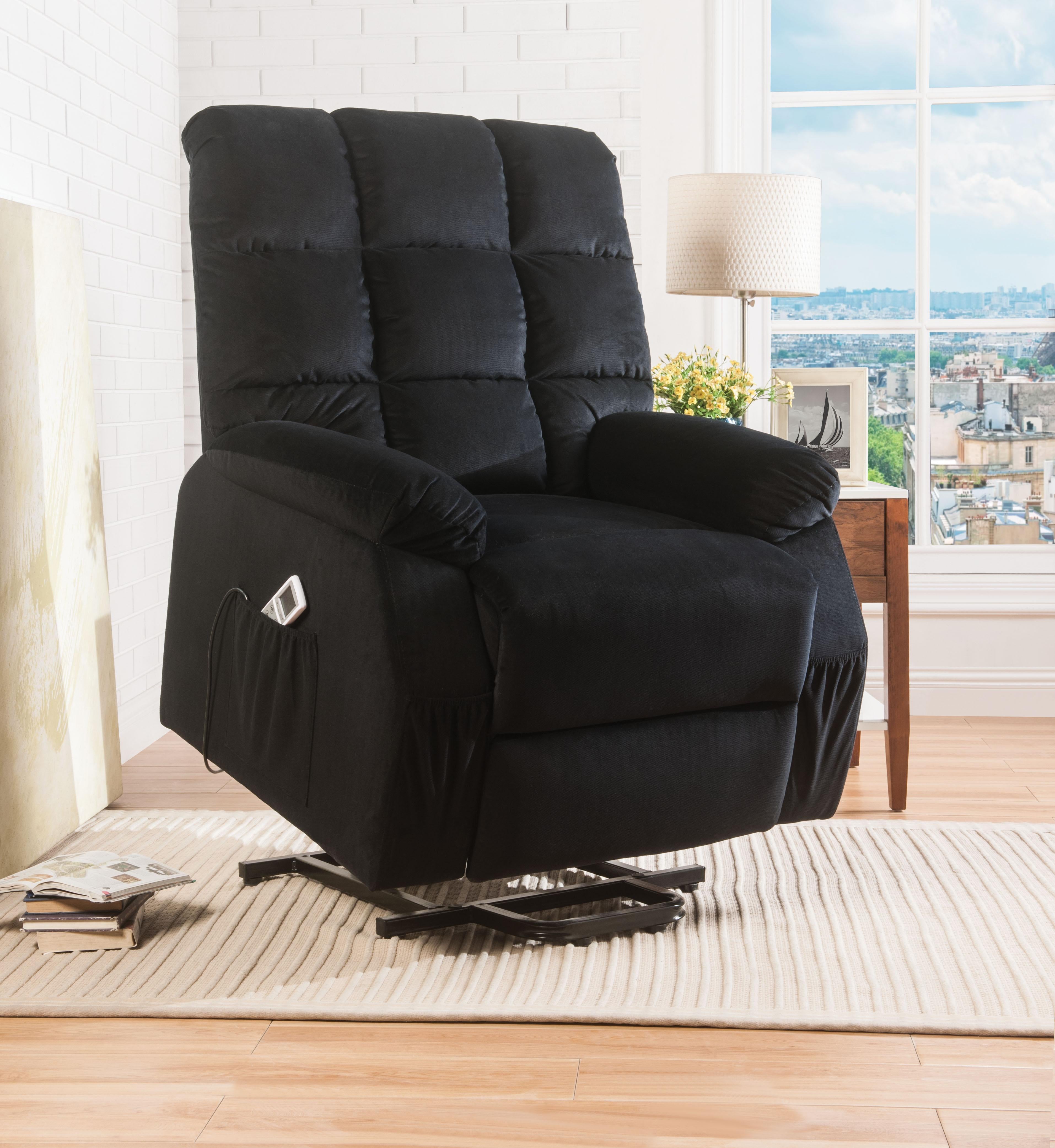 Ipompea Black Velvet Recliner w/Power Lift & Massage - Ideal Furniture (Fresno,CA)