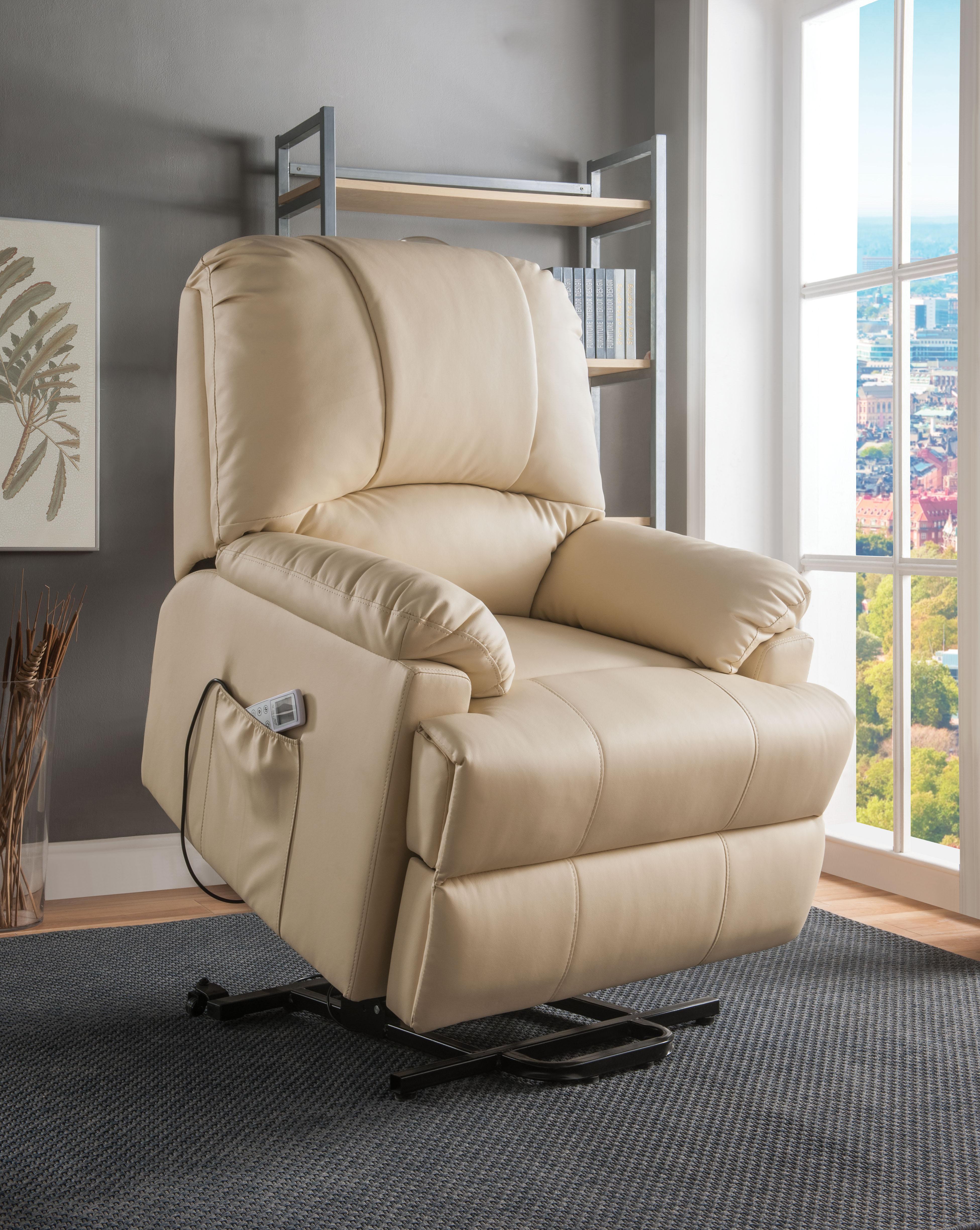 Ixora Beige PU Recliner w/Power Lift & Massage - Ideal Furniture (Fresno,CA)
