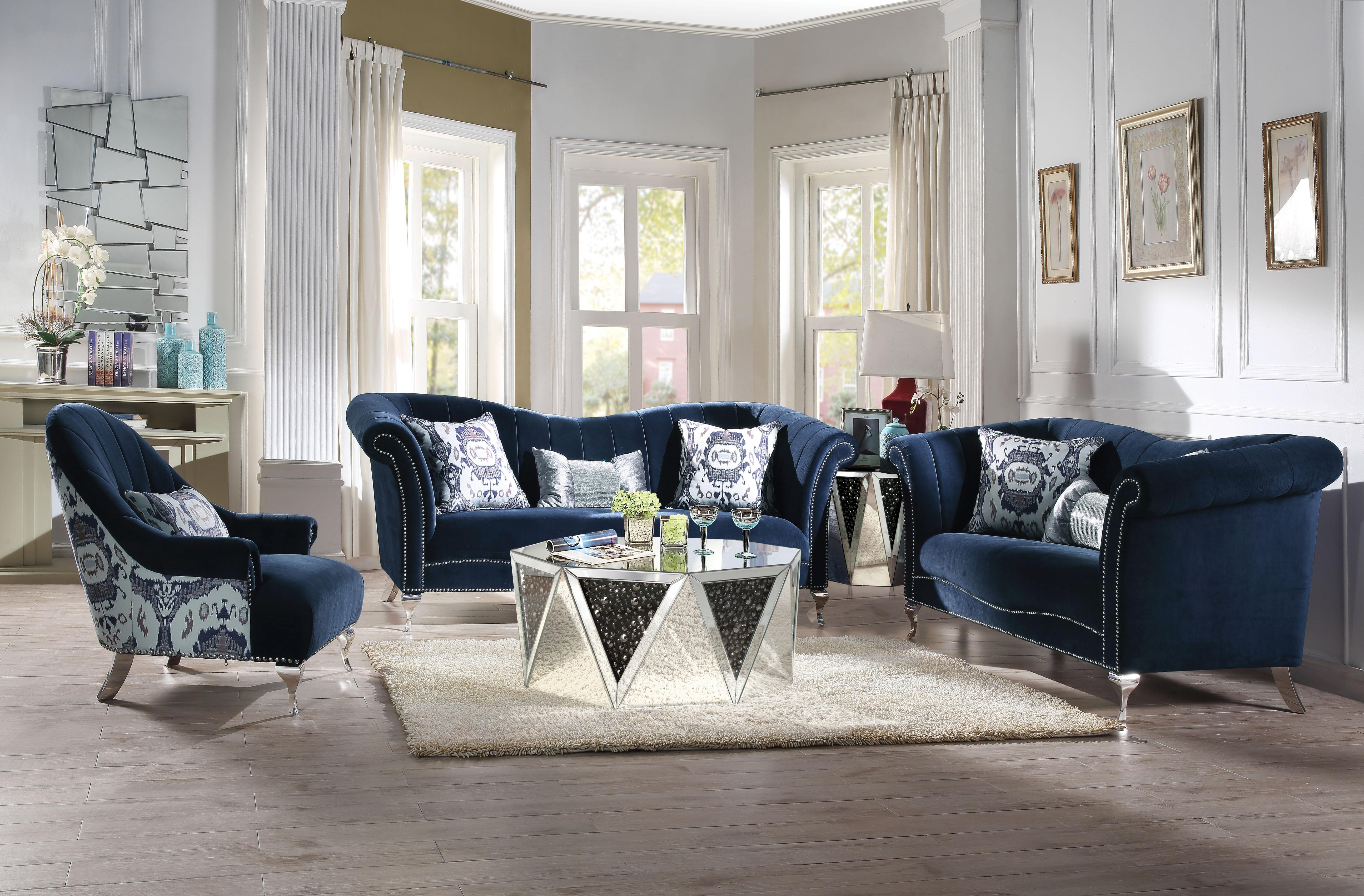 Jaborosa Blue Velvet Sofa w/3 Pillows - Ideal Furniture (Fresno,CA)