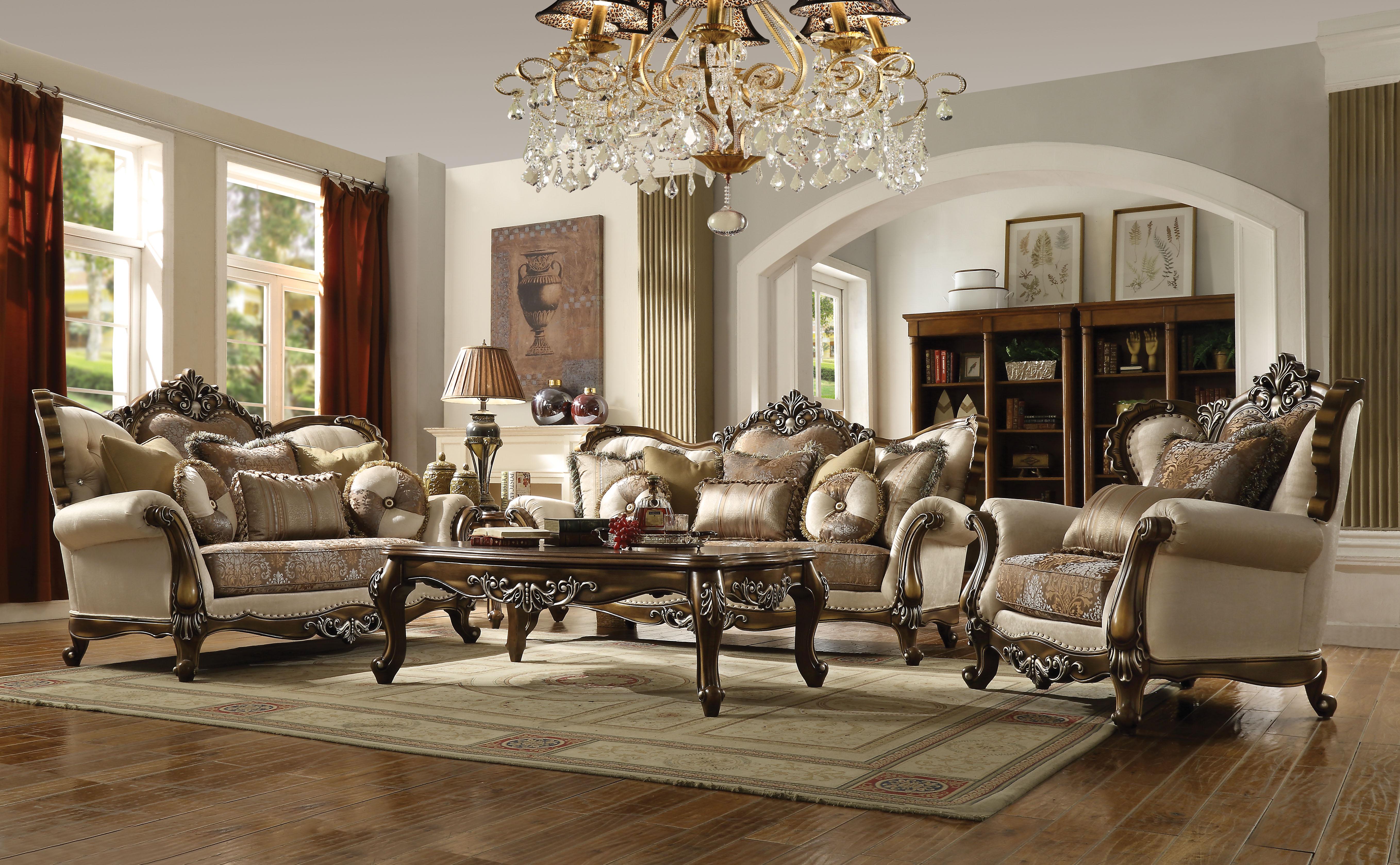 Latisha Tan, Pattern Fabric & Antique Oak Sofa w/6 Pillows - Ideal Furniture (Fresno,CA)