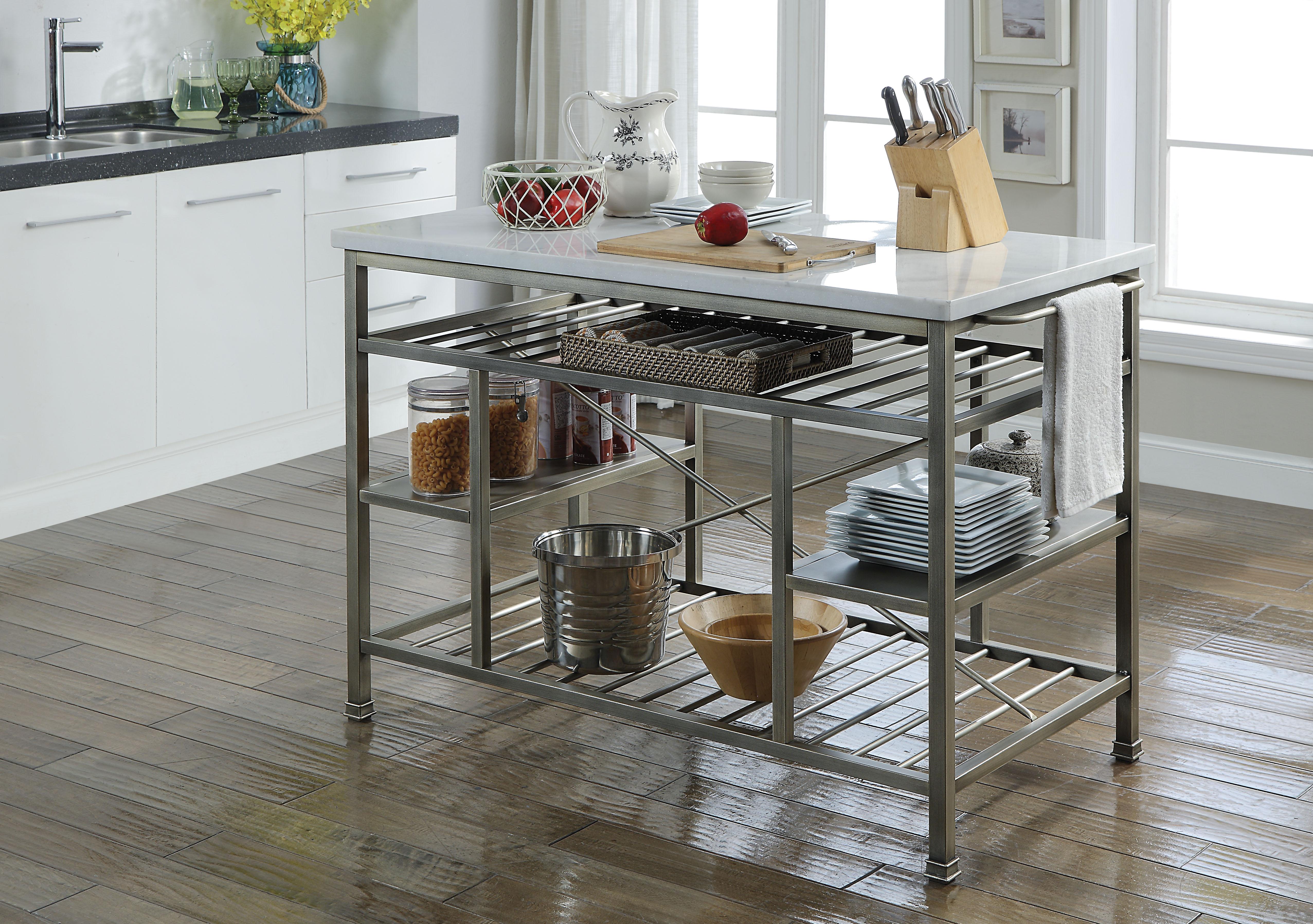 Lanzo Marble & Antique Pewter Kitchen Island (Counter) - Ideal Furniture (Fresno,CA)
