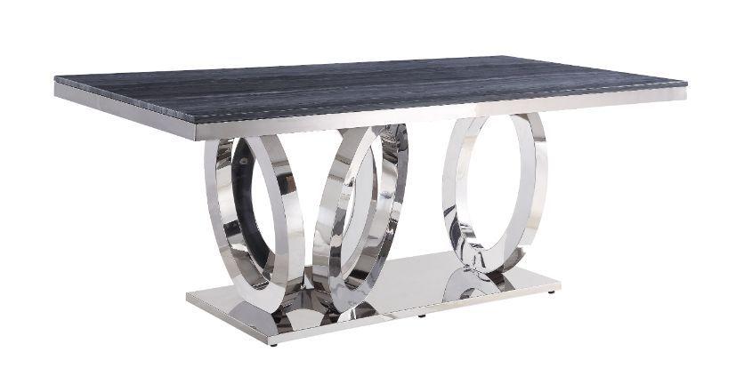 Nasir Gray Printed Faux Marble & Mirrored Silver Finish Dining Room Table - Ideal Furniture (Fresno,CA)