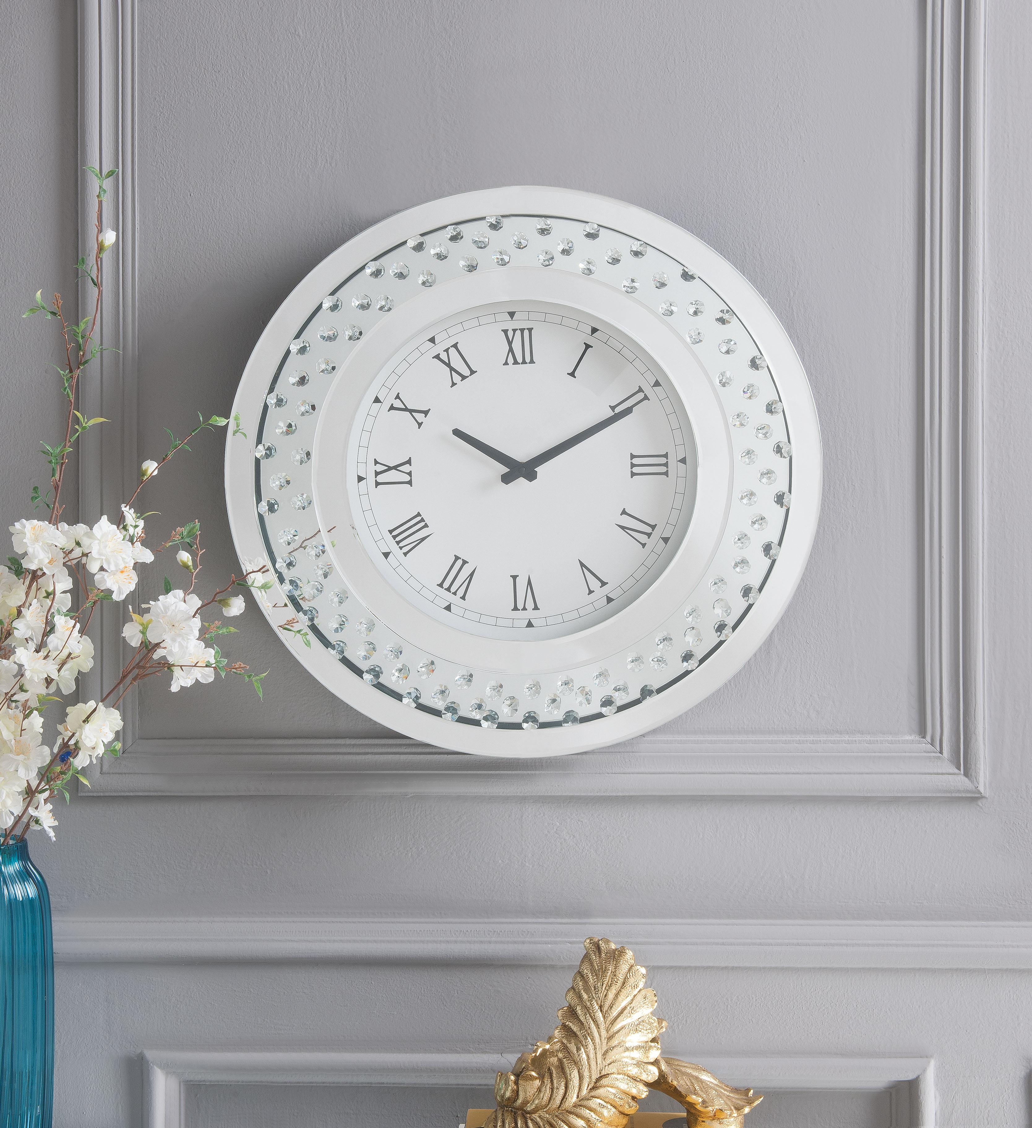 Nysa Mirrored & Faux Crystals Wall Clock - Ideal Furniture (Fresno,CA)