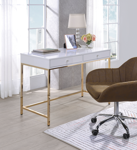 Ottey White High Gloss & Gold Desk - Ideal Furniture (Fresno,CA)
