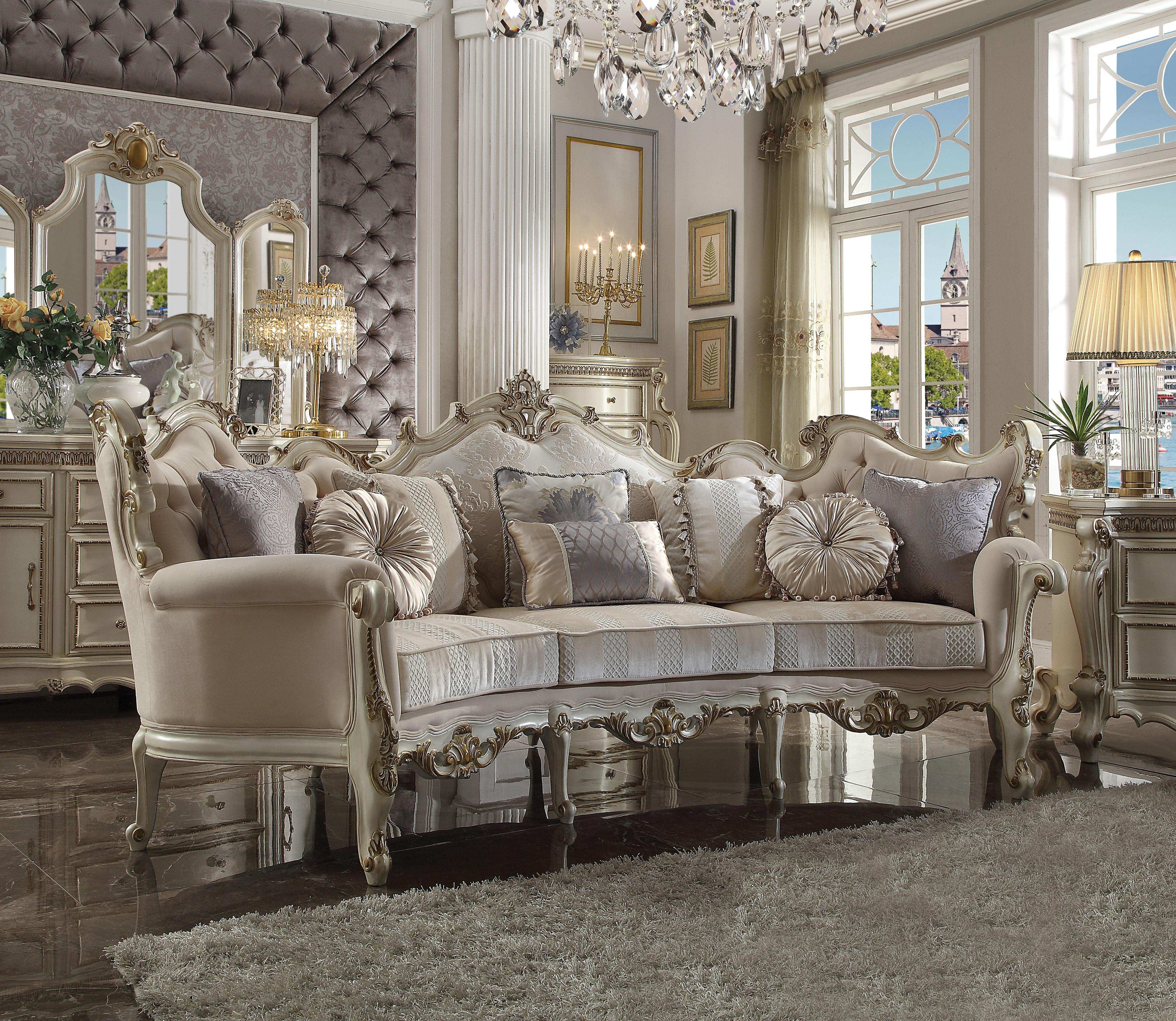 Picardy Fabric & Antique Pearl Sofa w/8 Pillows - Ideal Furniture (Fresno,CA)
