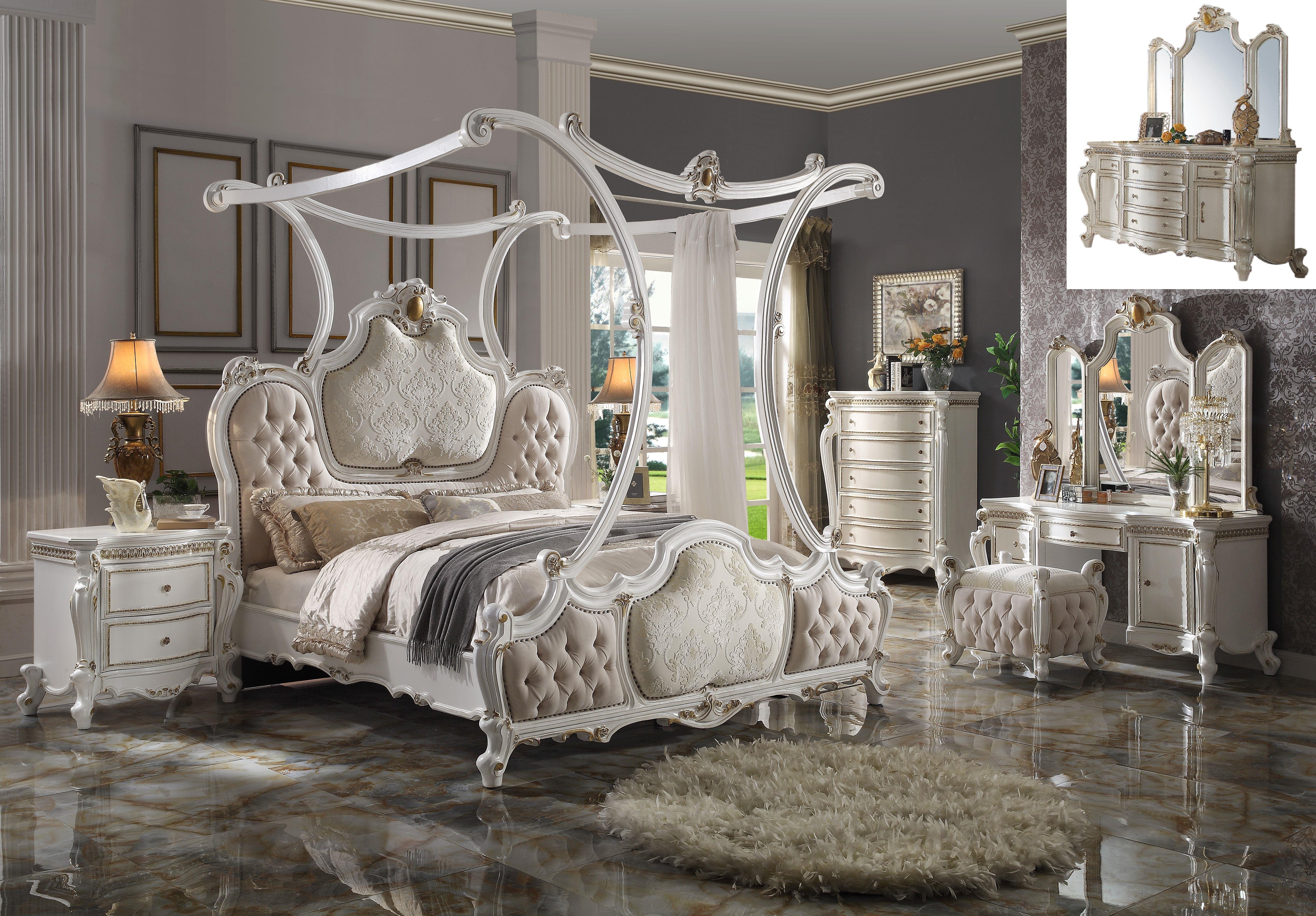 Picardy Fabric & Antique Pearl California King Bed (Canopy) - Ideal Furniture (Fresno,CA)