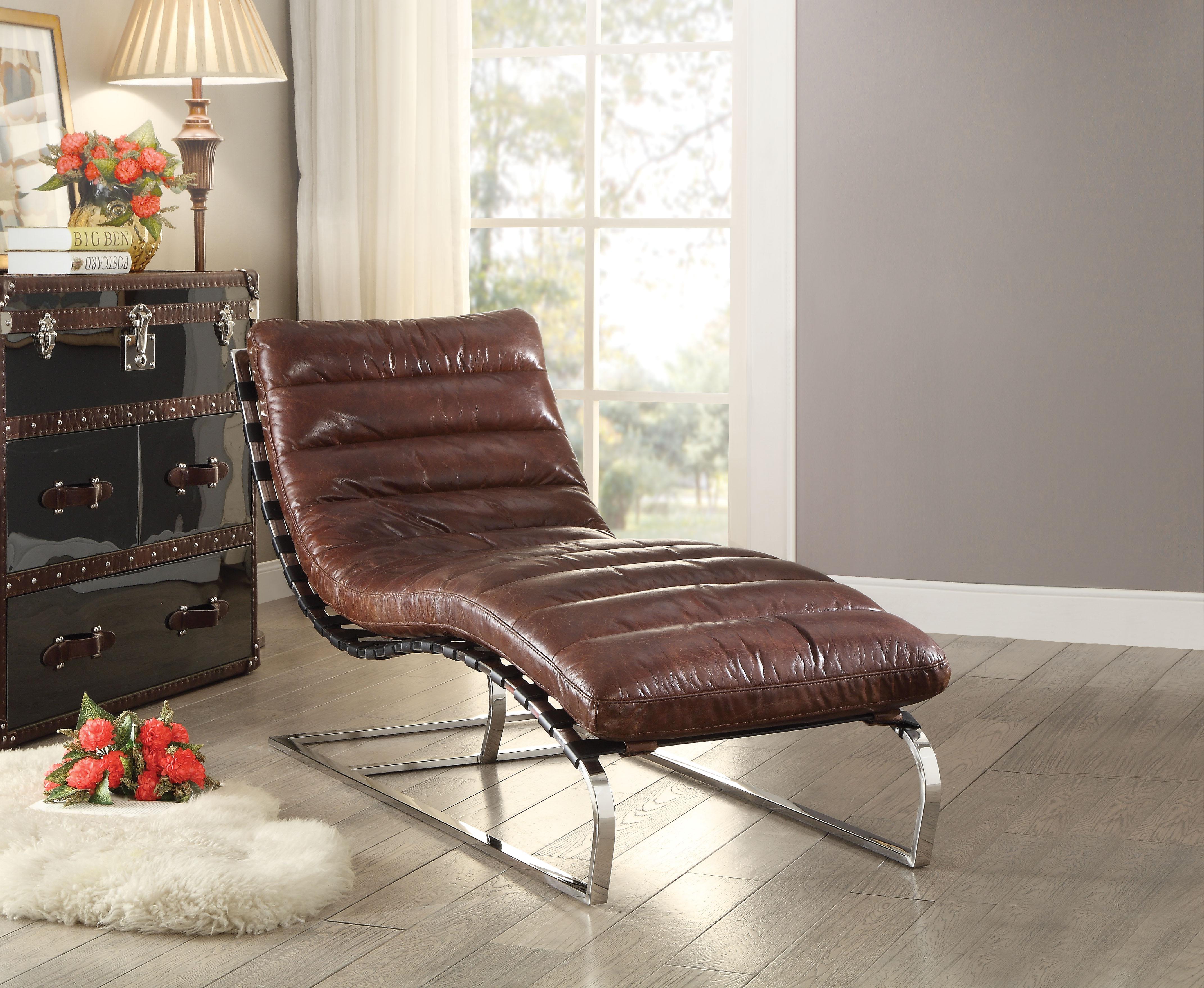 Qortini Vintage Dark Brown Top Grain Leather & Stainless Steel Chaise - Ideal Furniture (Fresno,CA)