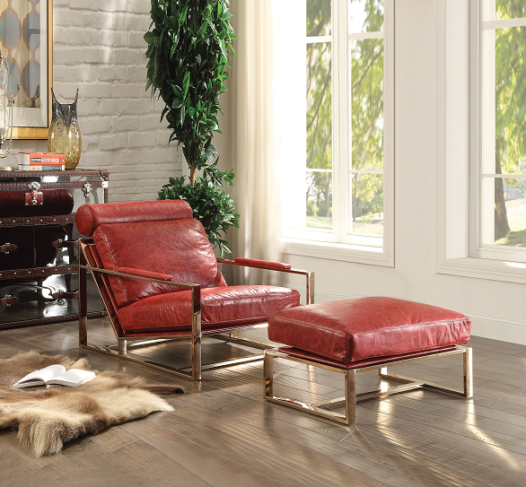 Quinto Antique Red Top Grain Leather & Stainless Steel Accent Chair - Ideal Furniture (Fresno,CA)