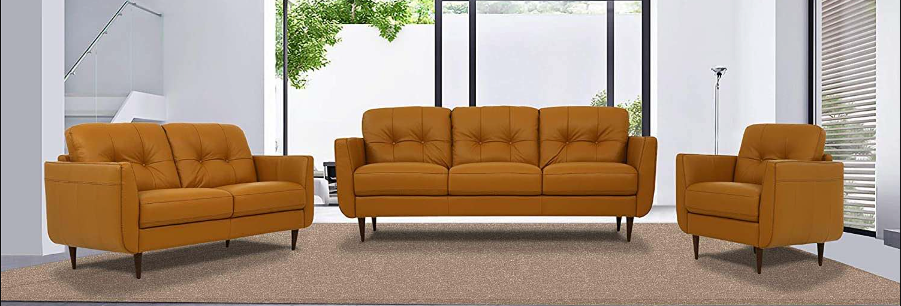 Radwan Pesto Camel Leather 3-Piece Living Room Set - Ideal Furniture (Fresno,CA)