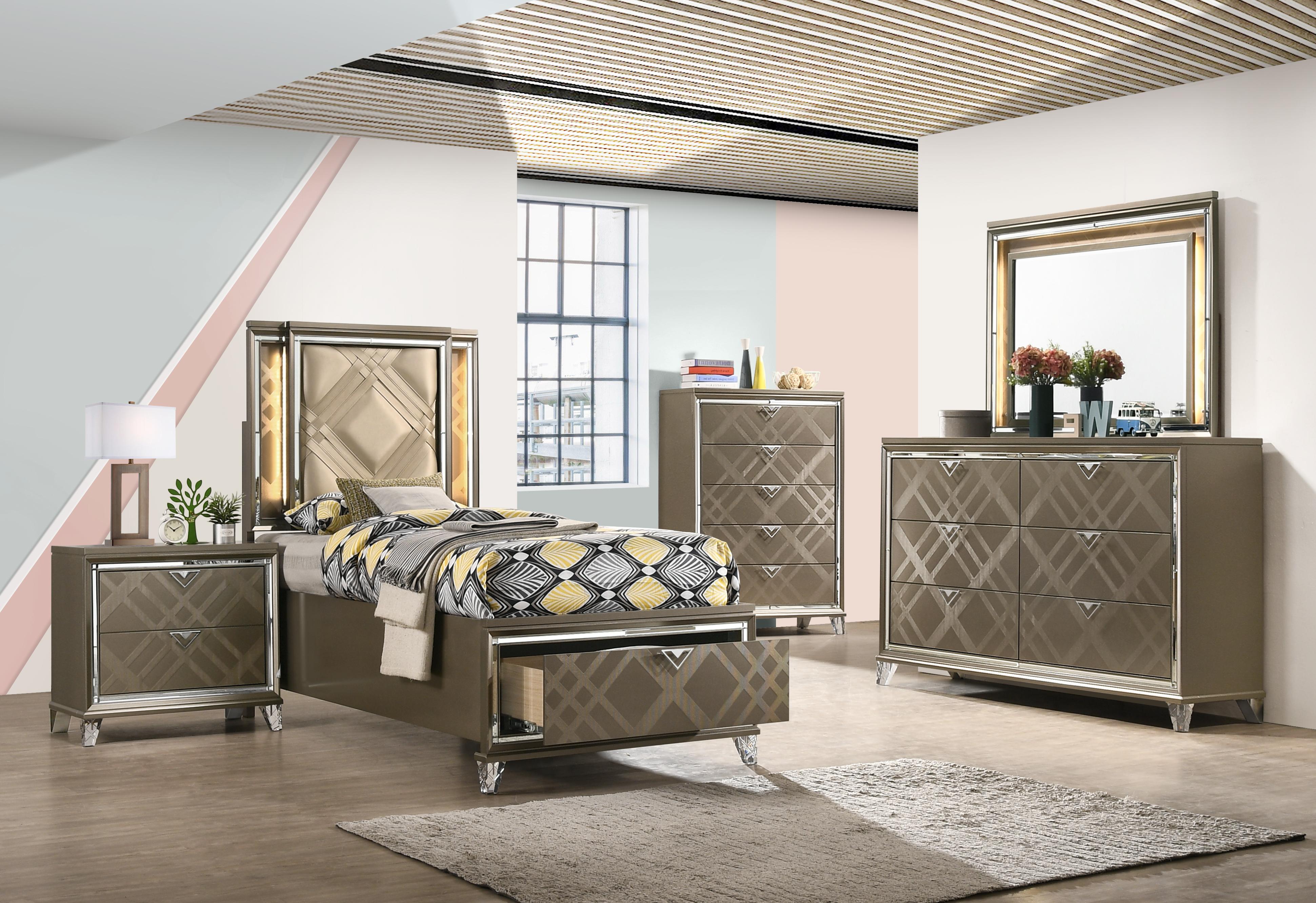 Skylar LED, PU & Dark Champagne Twin Bed (Storage & LED) - Ideal Furniture (Fresno,CA)