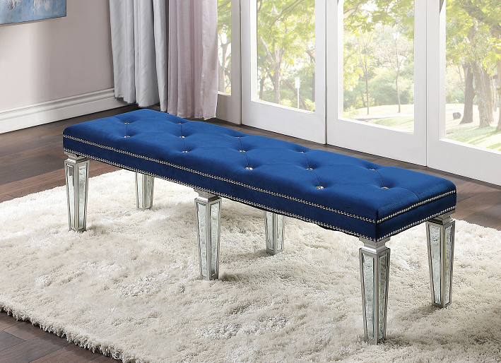 Varian Blue Velvet & Mirrored Bench - Ideal Furniture (Fresno,CA)