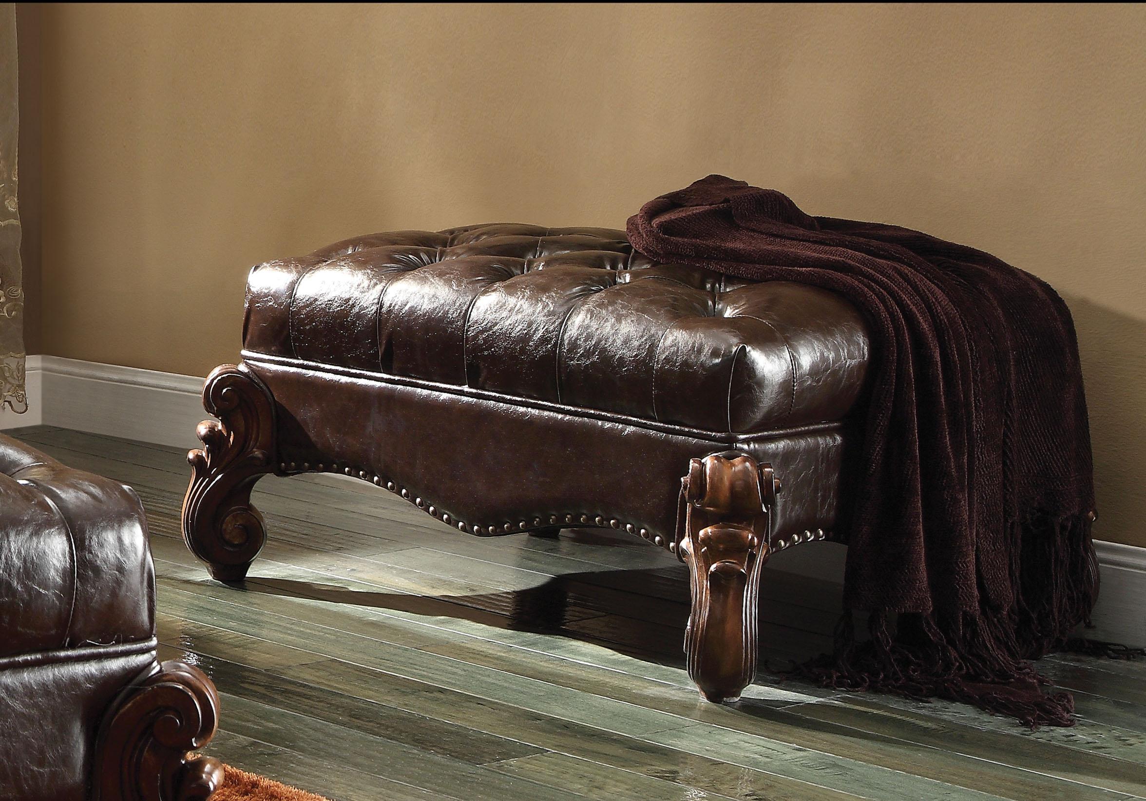 Versailles 2-Tone Dark Brown PU & Cherry Oak Ottoman - Ideal Furniture (Fresno,CA)