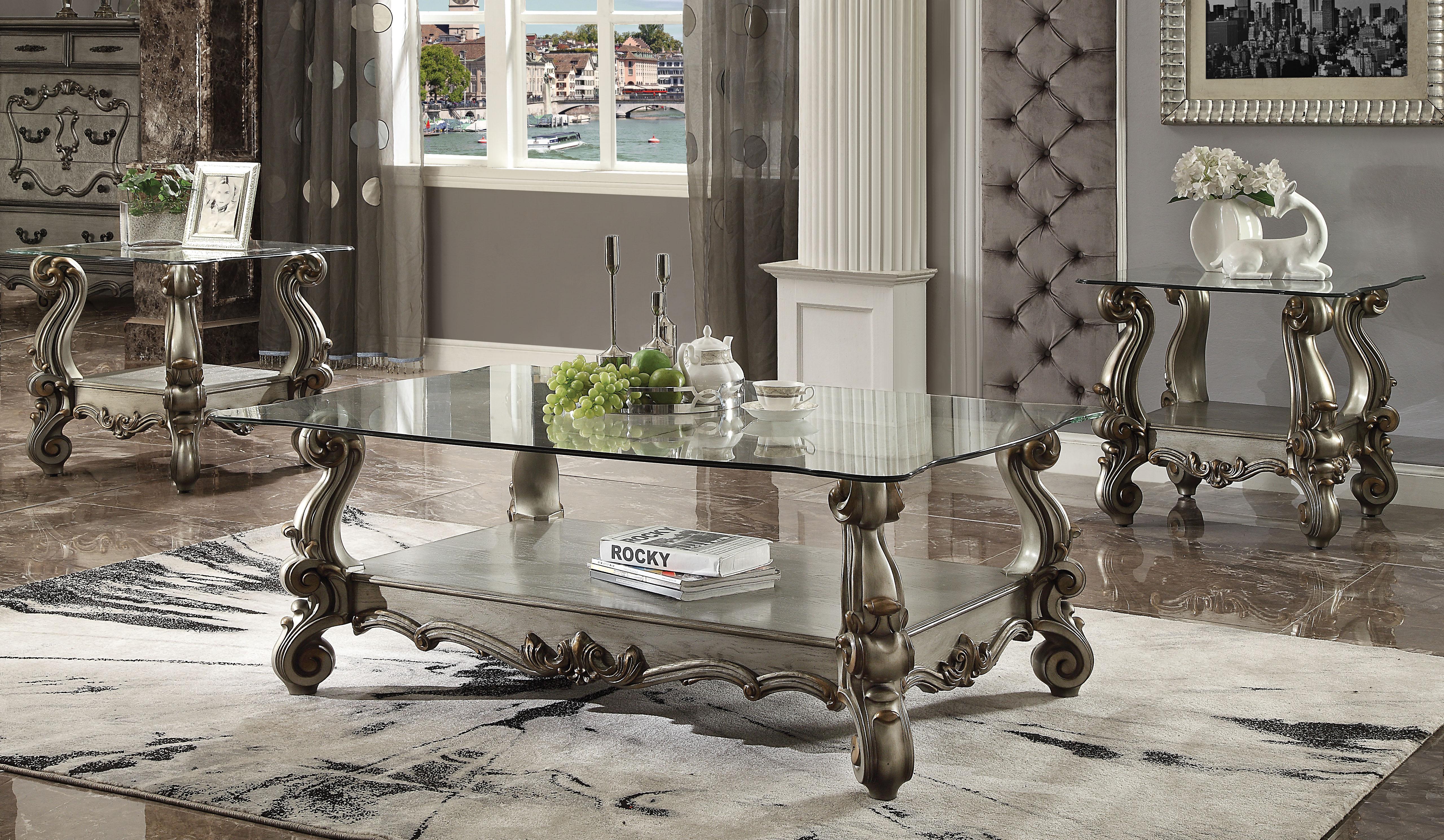 Versailles Antique Platinum & Clear Glass Coffee Table - Ideal Furniture (Fresno,CA)