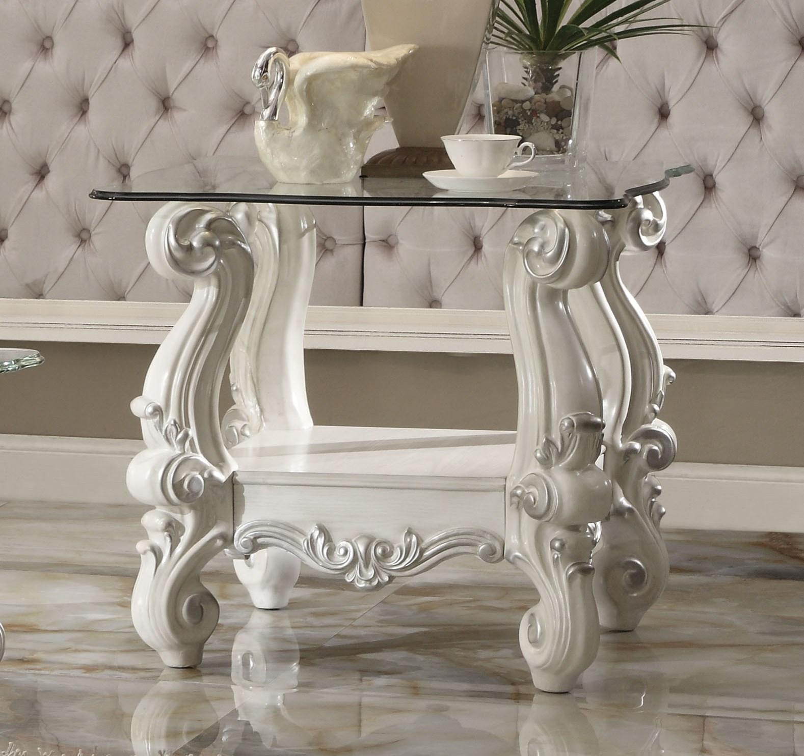 Versailles Bone White & Clear Glass End Table - Ideal Furniture (Fresno,CA)
