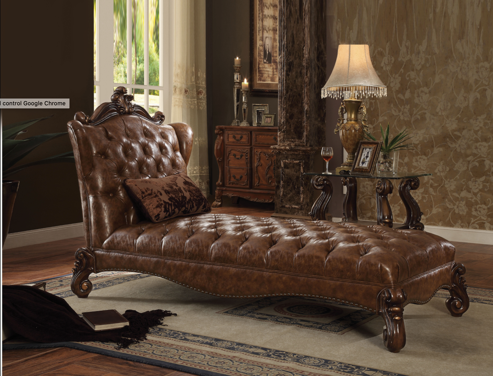 Versailles 2-Tone Light Brown PU & Cherry Oak Chaise & Pillow - Ideal Furniture (Fresno,CA)