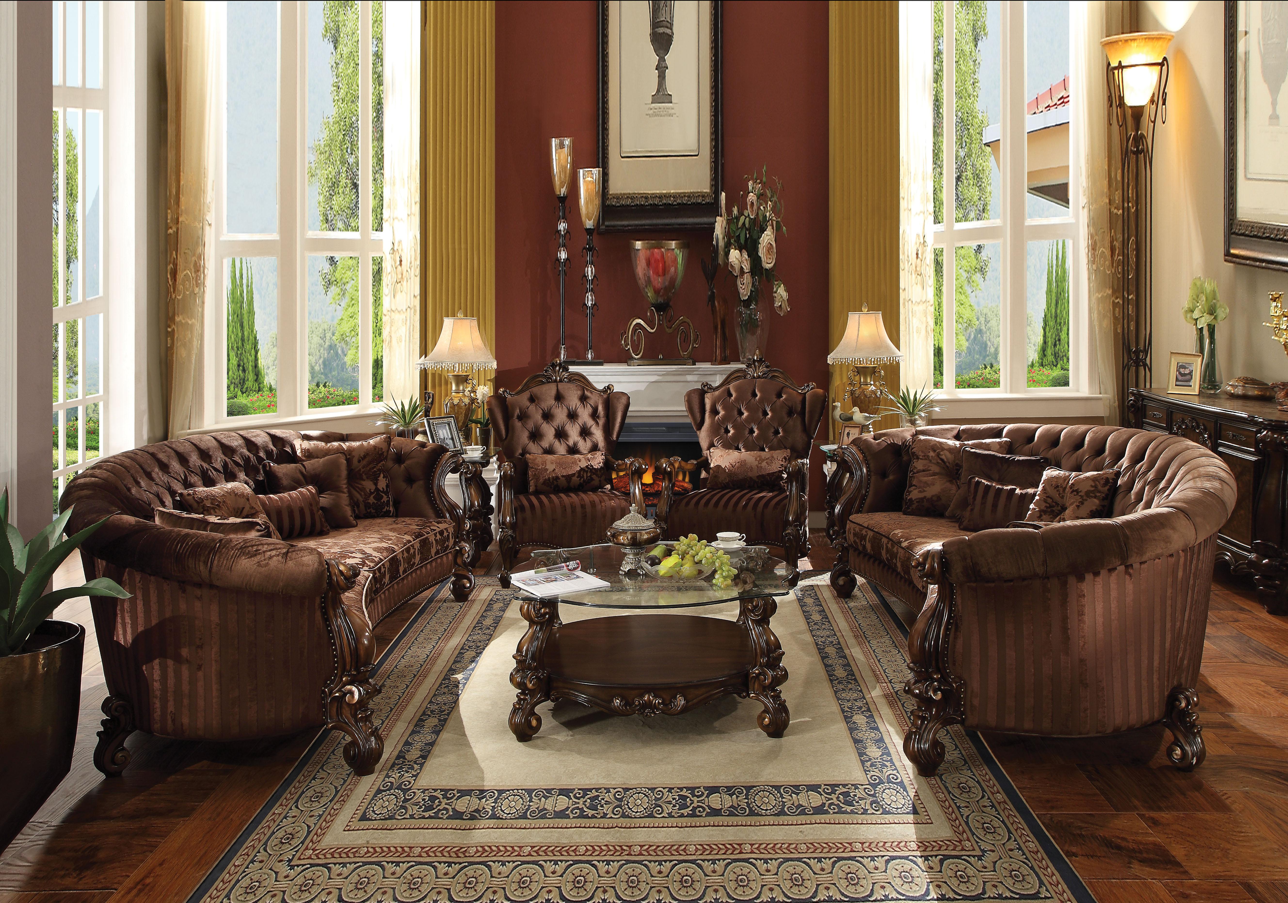 Versailles Brown Velvet & Cherry Oak Sofa w/5 Pillows - Ideal Furniture (Fresno,CA)