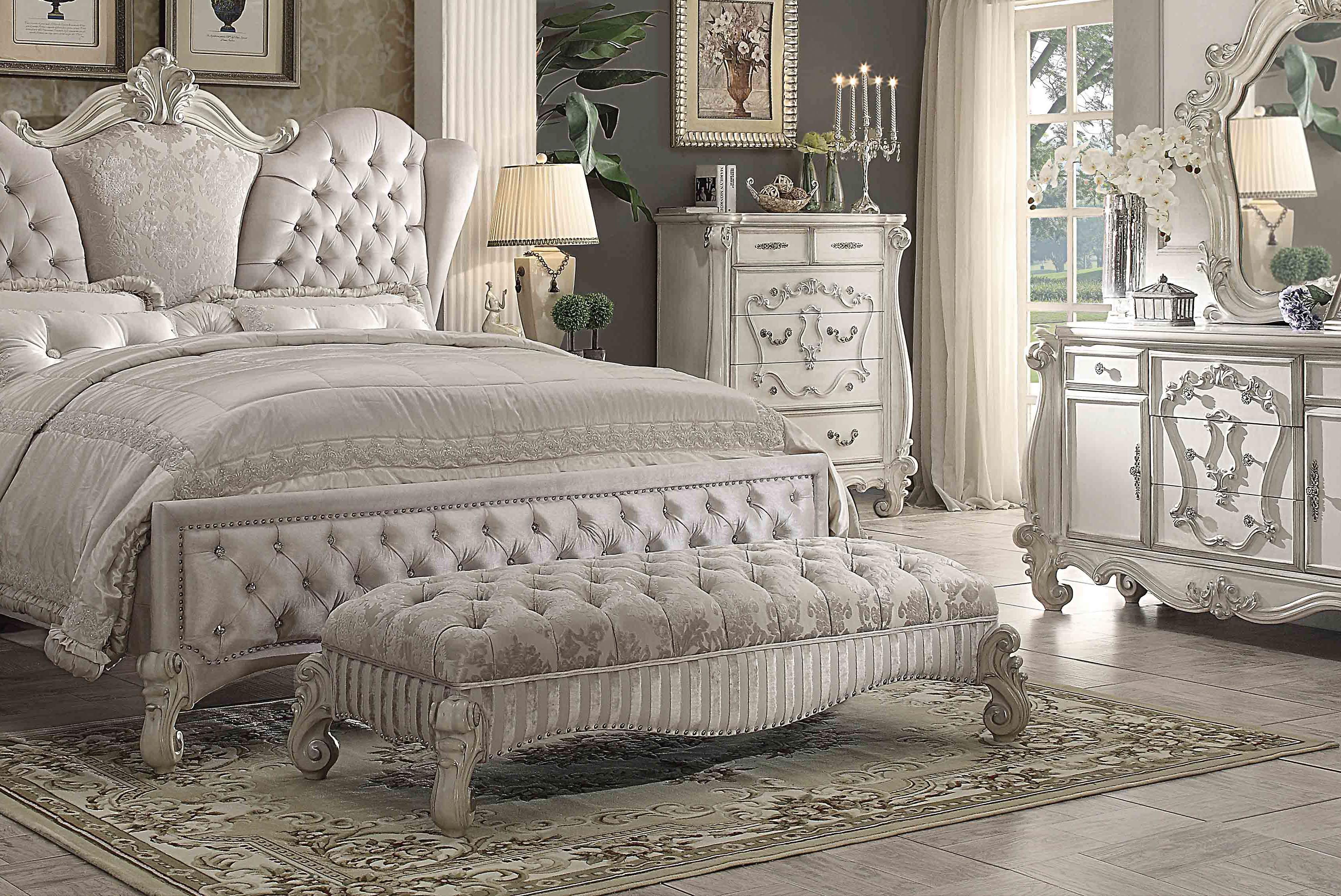 Versailles Ivory Fabric & Bone White Bench - Ideal Furniture (Fresno,CA)