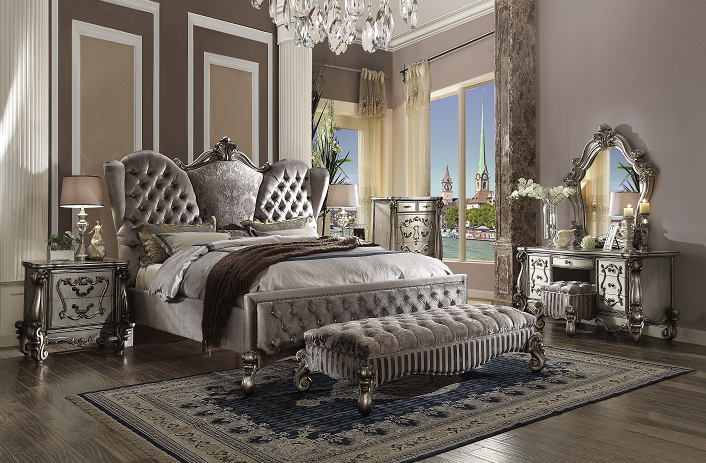 Versailles Velvet & Antique Platinum Queen Bed - Ideal Furniture (Fresno,CA)