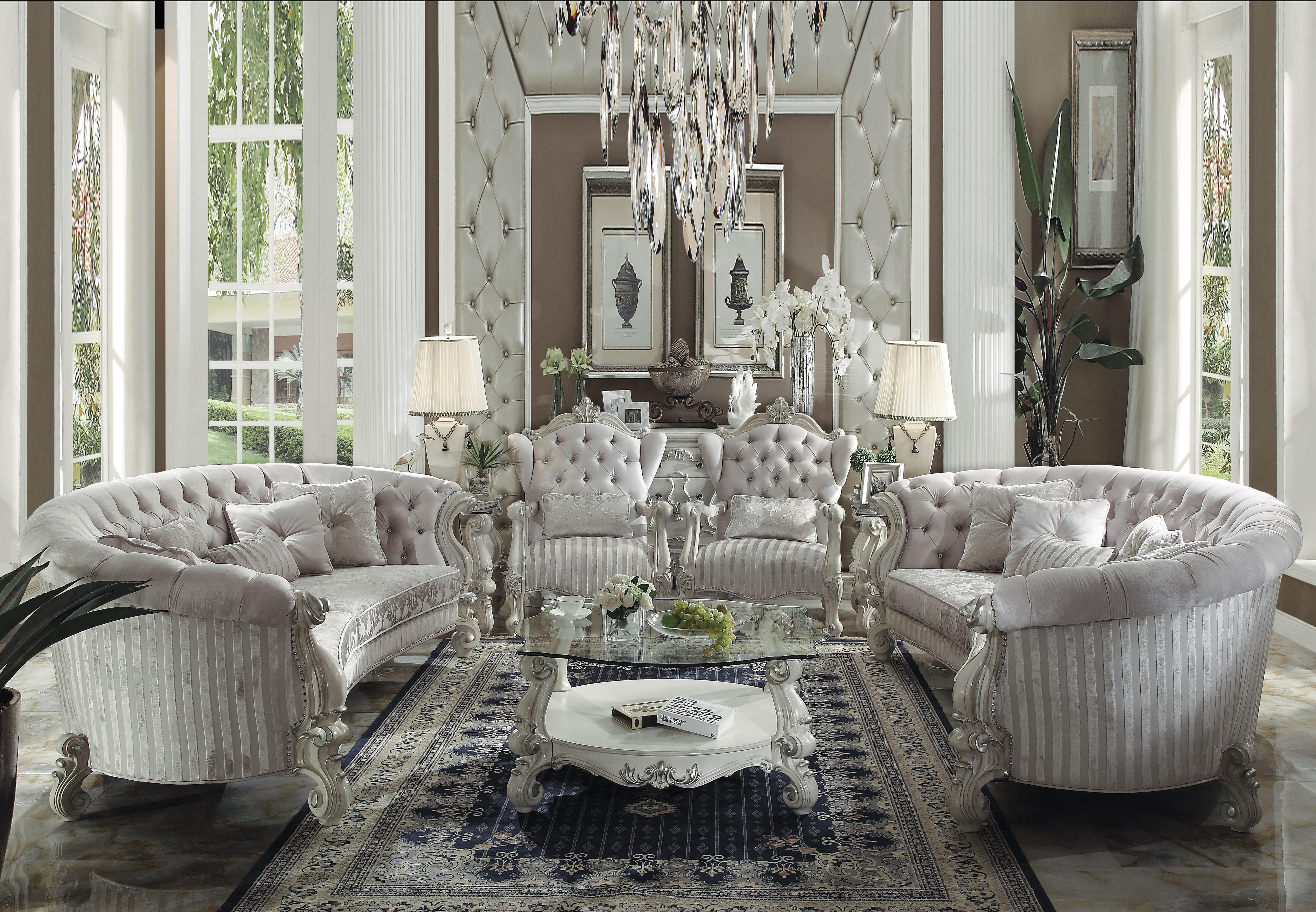 Versailles Ivory Velvet & Bone White Sofa w/5 Pillows - Ideal Furniture (Fresno,CA)