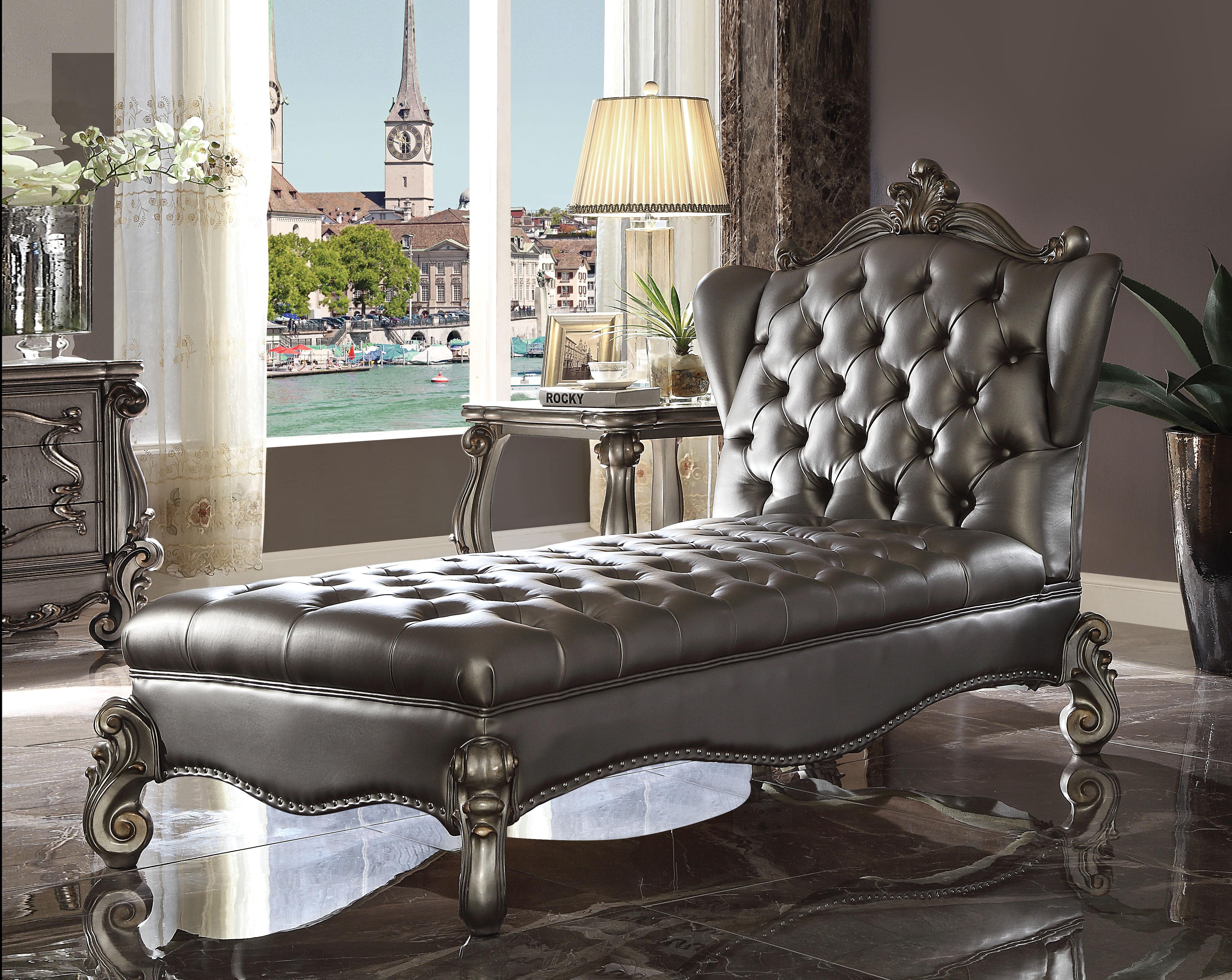 Versailles Silver PU & Antique Platinum Chaise - Ideal Furniture (Fresno,CA)