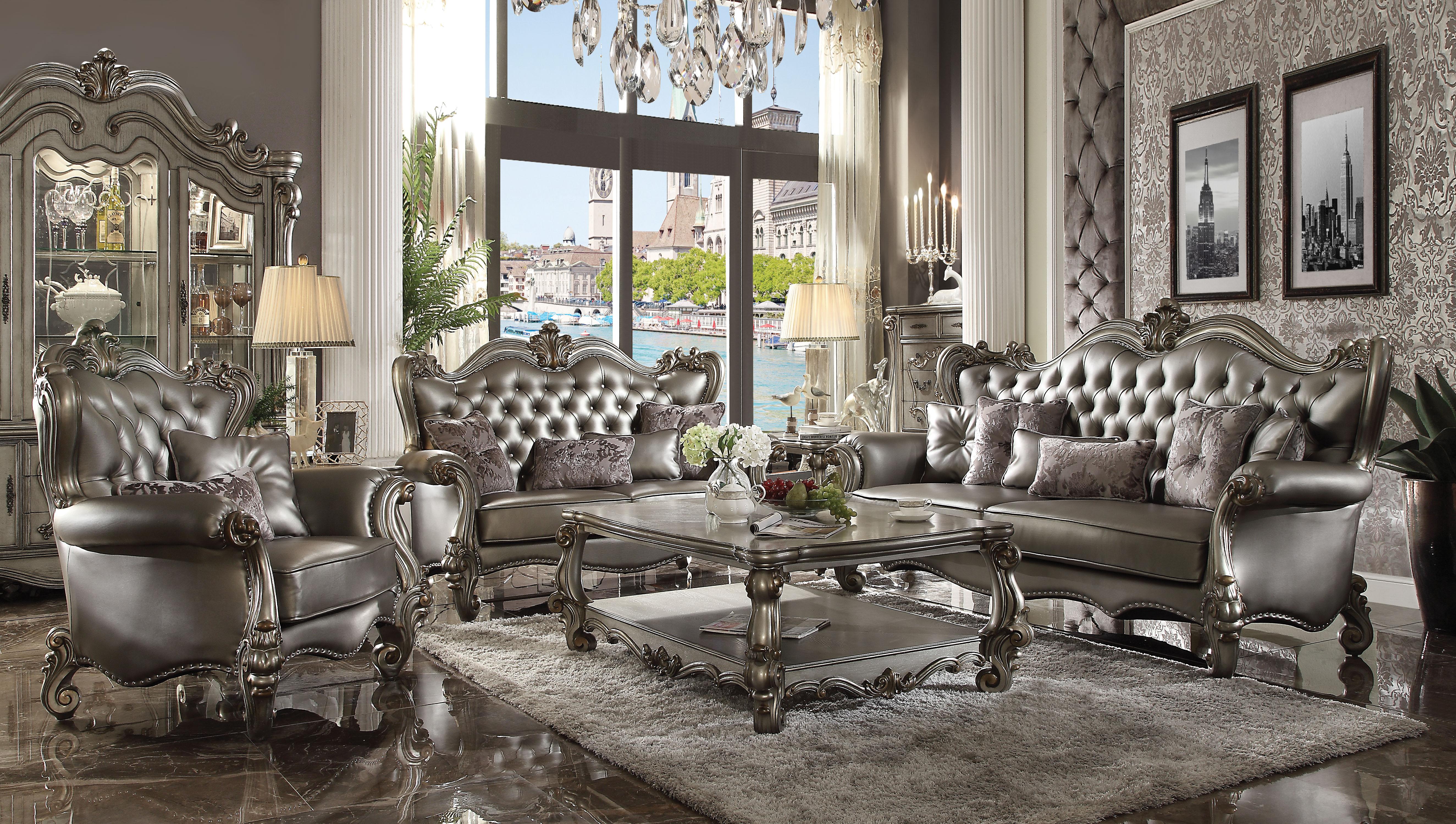 Versailles Silver PU & Antique Platinum Sofa w/6 Pillows - Ideal Furniture (Fresno,CA)