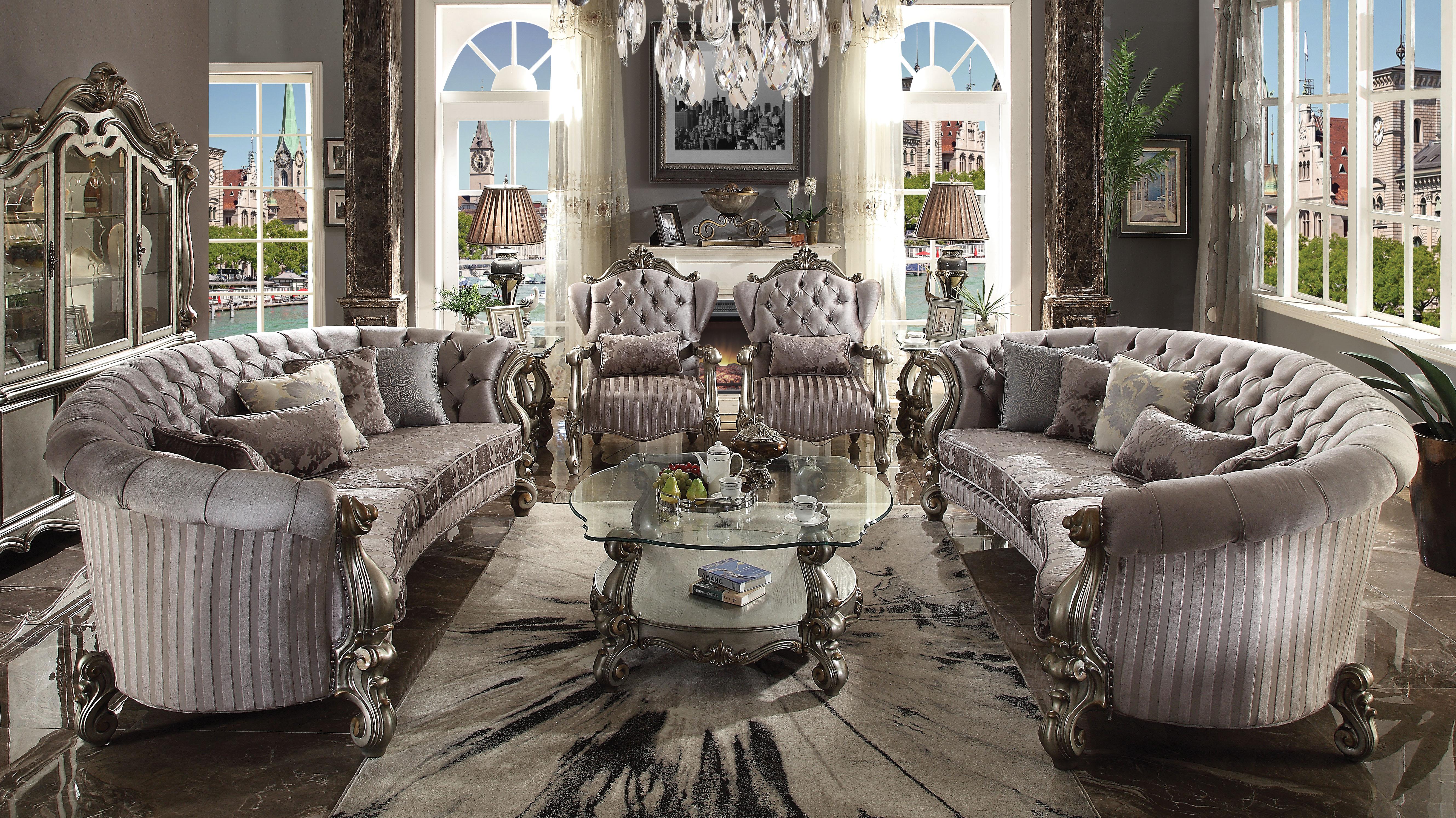 Versailles Velvet & Antique Platinum Sofa w/5 Pillows - Ideal Furniture (Fresno,CA)
