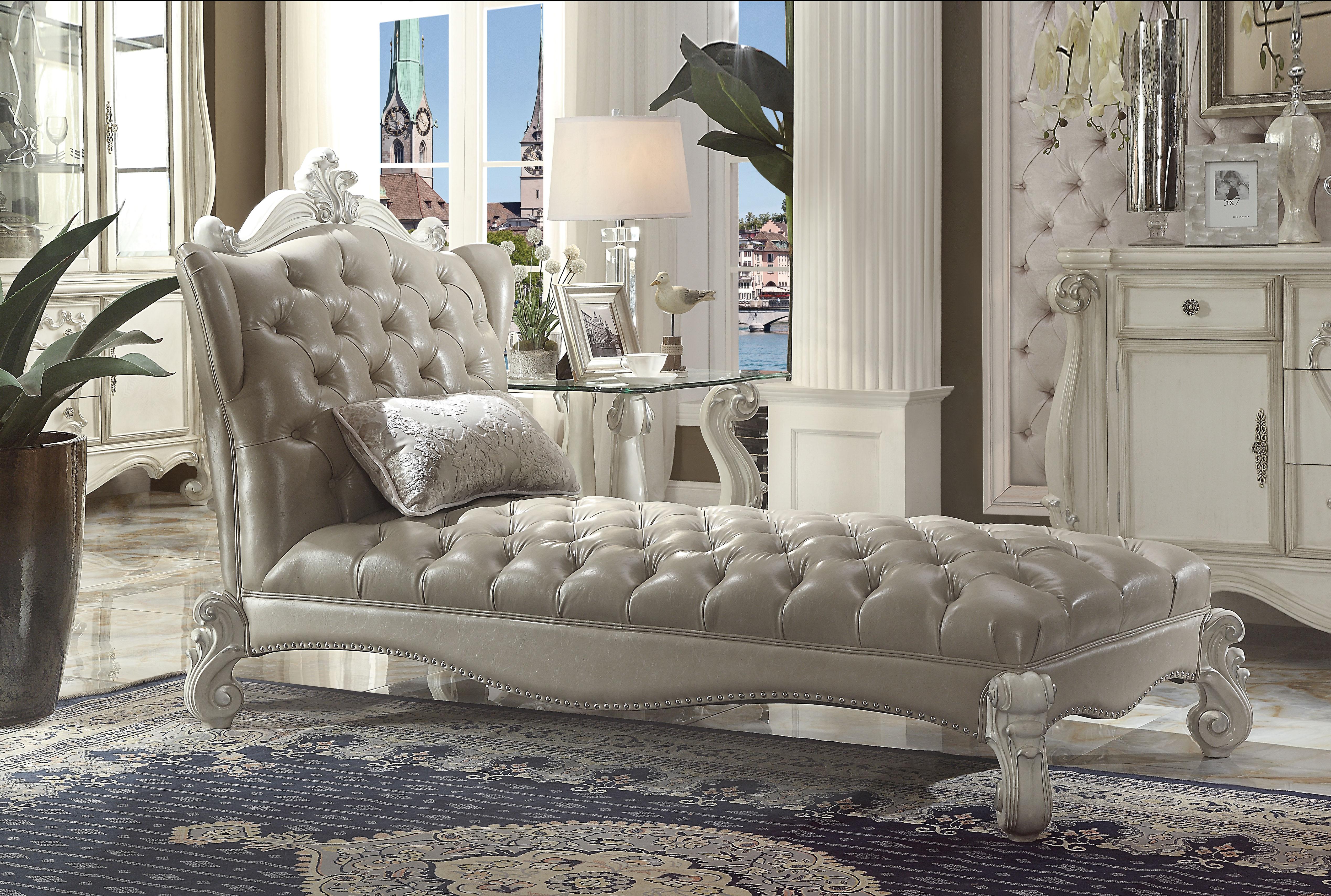 Versailles Vintage Gray PU & Bone White Chaise & Pillow - Ideal Furniture (Fresno,CA)