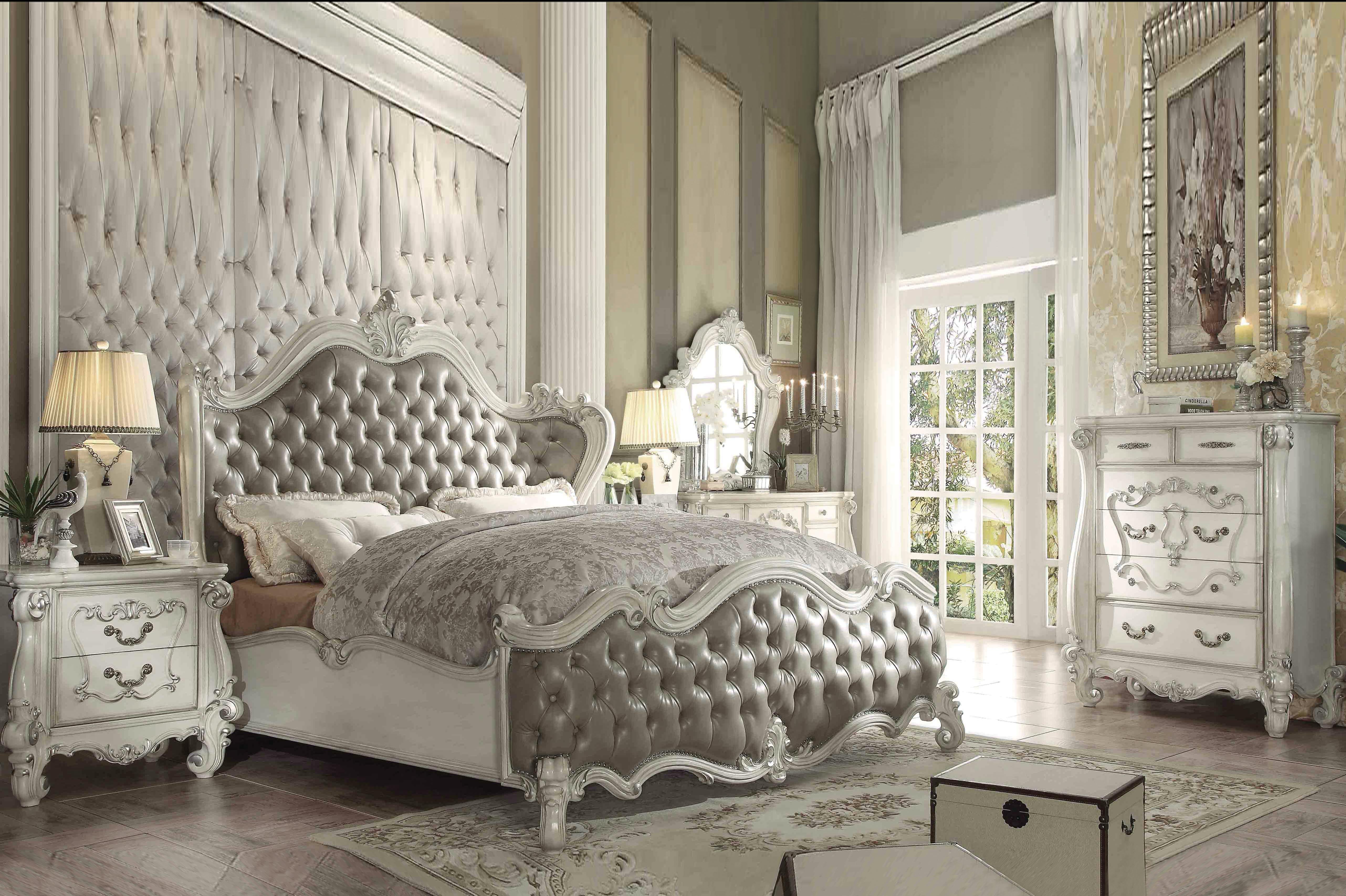 Versailles Vintage Gray PU & Bone White Queen Bed - Ideal Furniture (Fresno,CA)