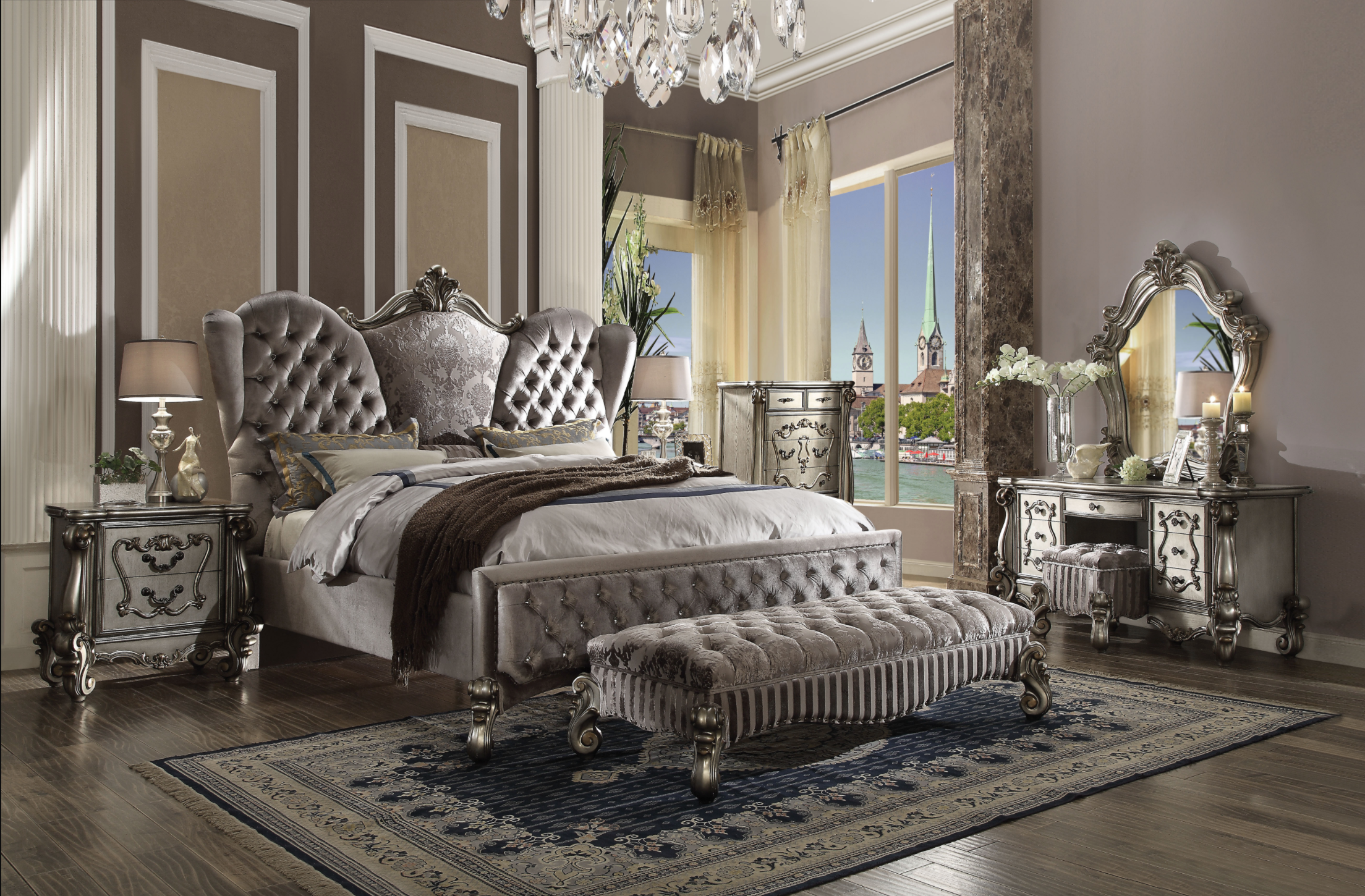 Versailles Velvet & Antique Platinum California King Bed - Ideal Furniture (Fresno,CA)