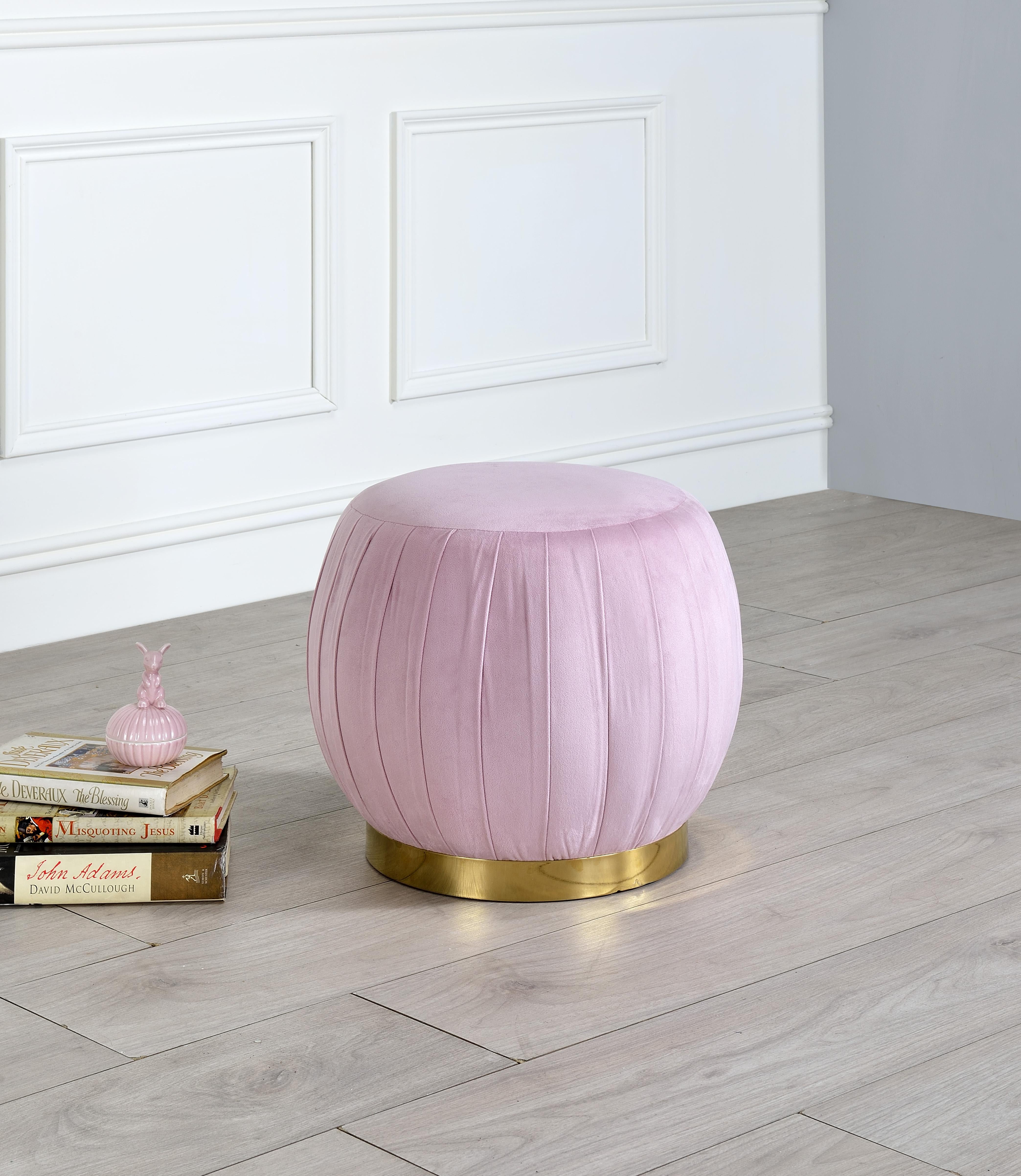 Zinnia Pink Carnation Velvet & Gold Ottoman - Ideal Furniture (Fresno,CA)