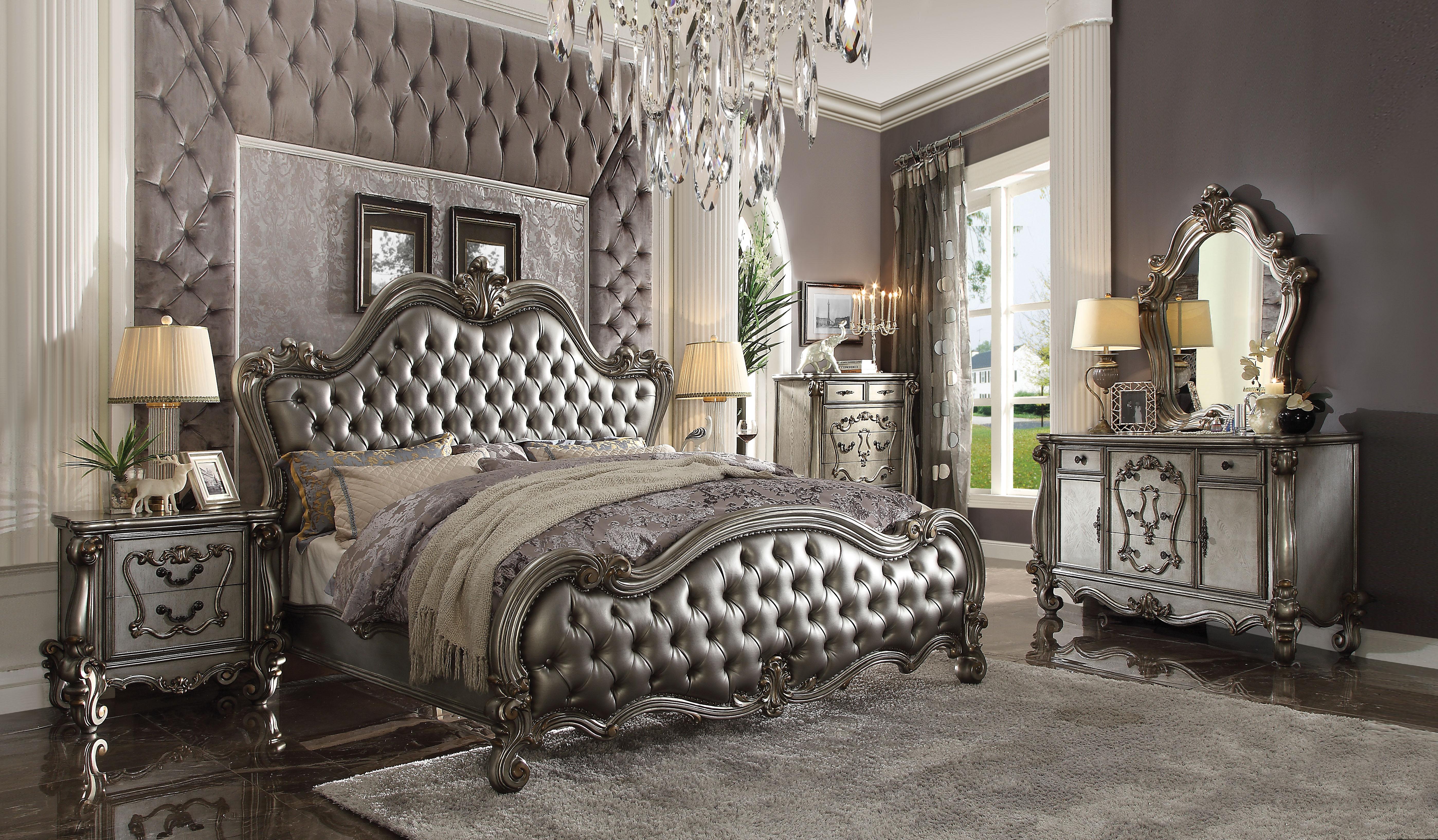 Versailles II Silver PU & Antique Platinum California King Bed - Ideal Furniture (Fresno,CA)