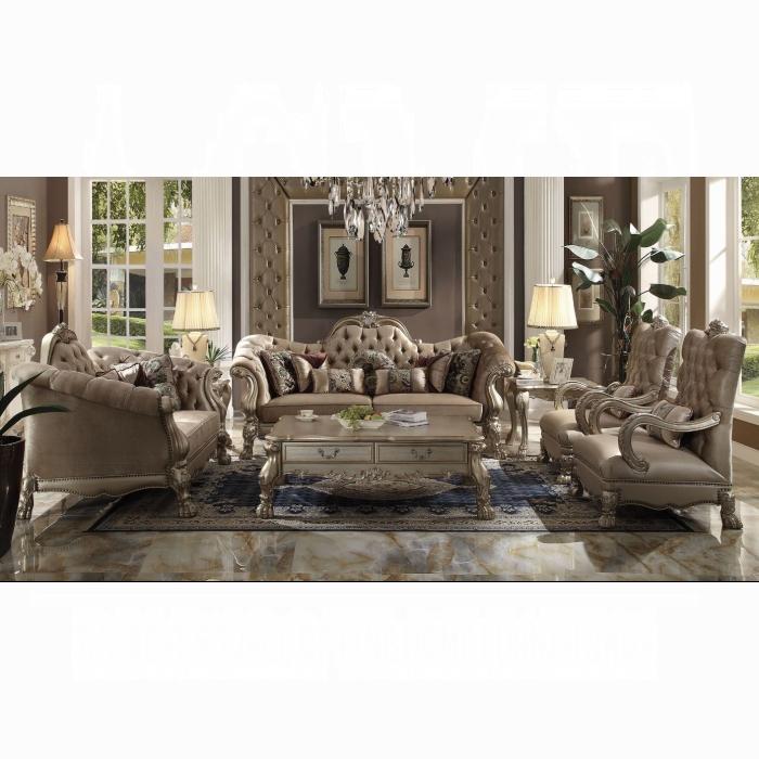 Dresden Bone Velvet & Gold Patina Sofa w/7 Pillows - Ideal Furniture (Fresno,CA)