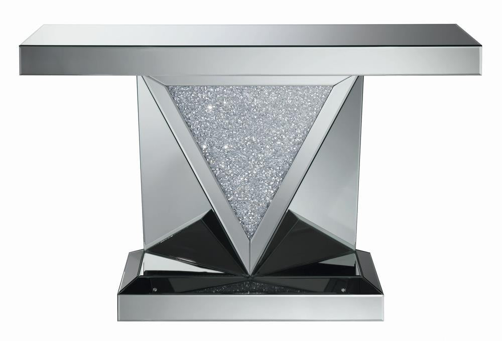 Amore Rectangular Sofa Table with Triangle Detailing Silver and Clear Mirror - Ideal Furniture (Fresno,CA)