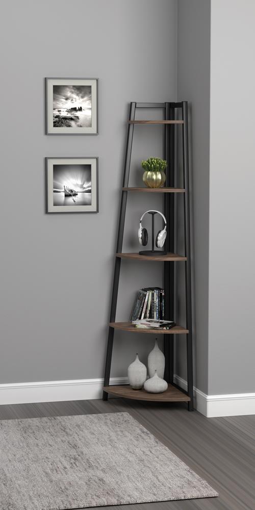 Jacksonville 5-tier Corner Bookcase Aged Walnut - Ideal Furniture (Fresno,CA)