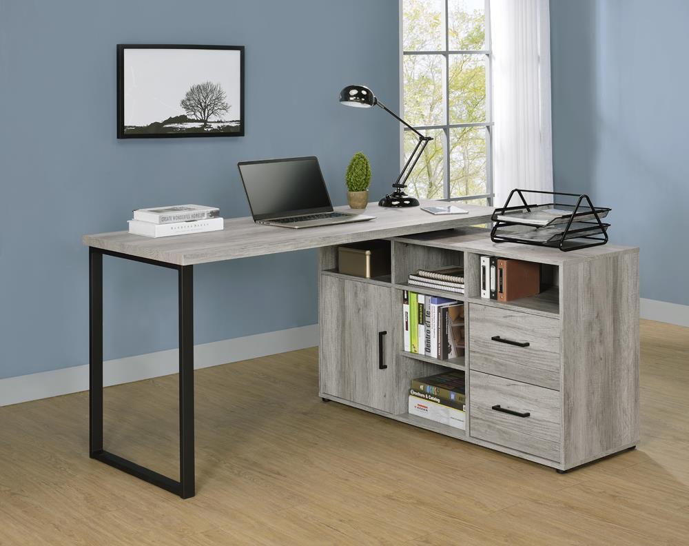 Hertford L-shape Office Desk with Storage Grey Driftwood - Ideal Furniture (Fresno,CA)