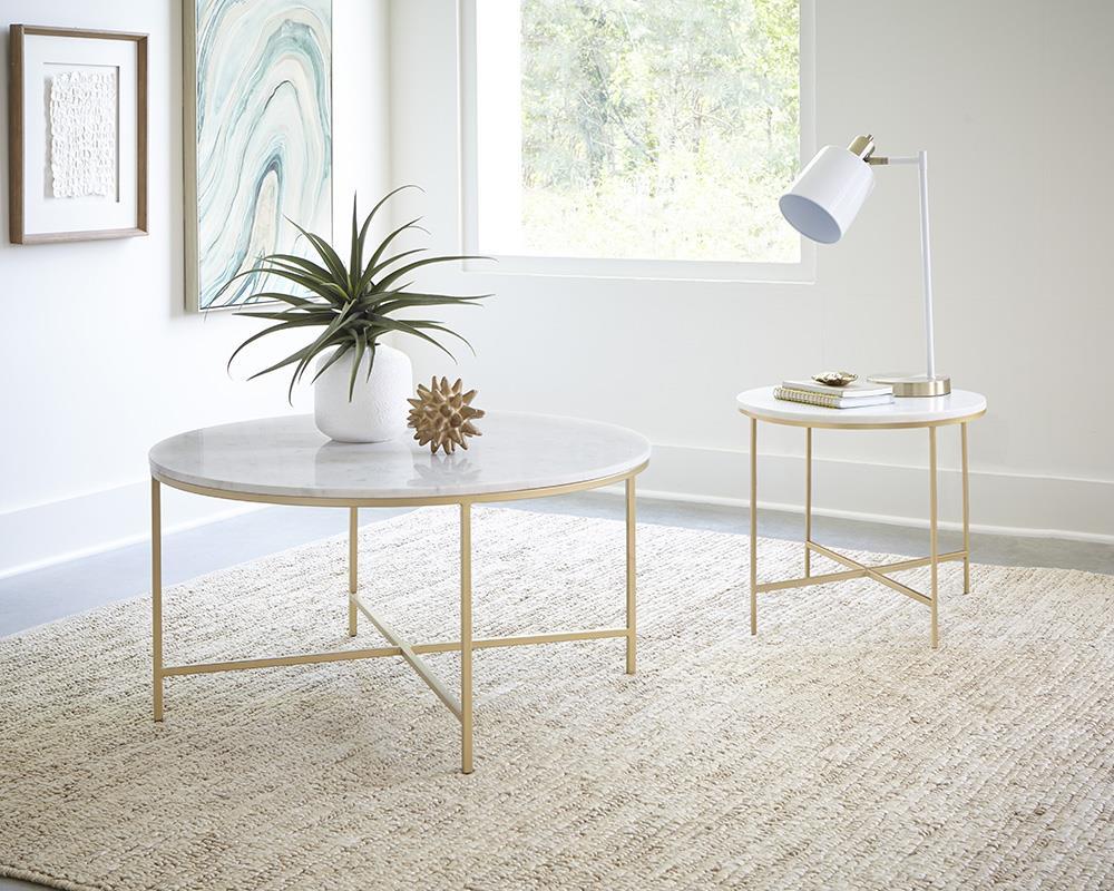 Ellison Round X-cross End Table White and Gold - Ideal Furniture (Fresno,CA)