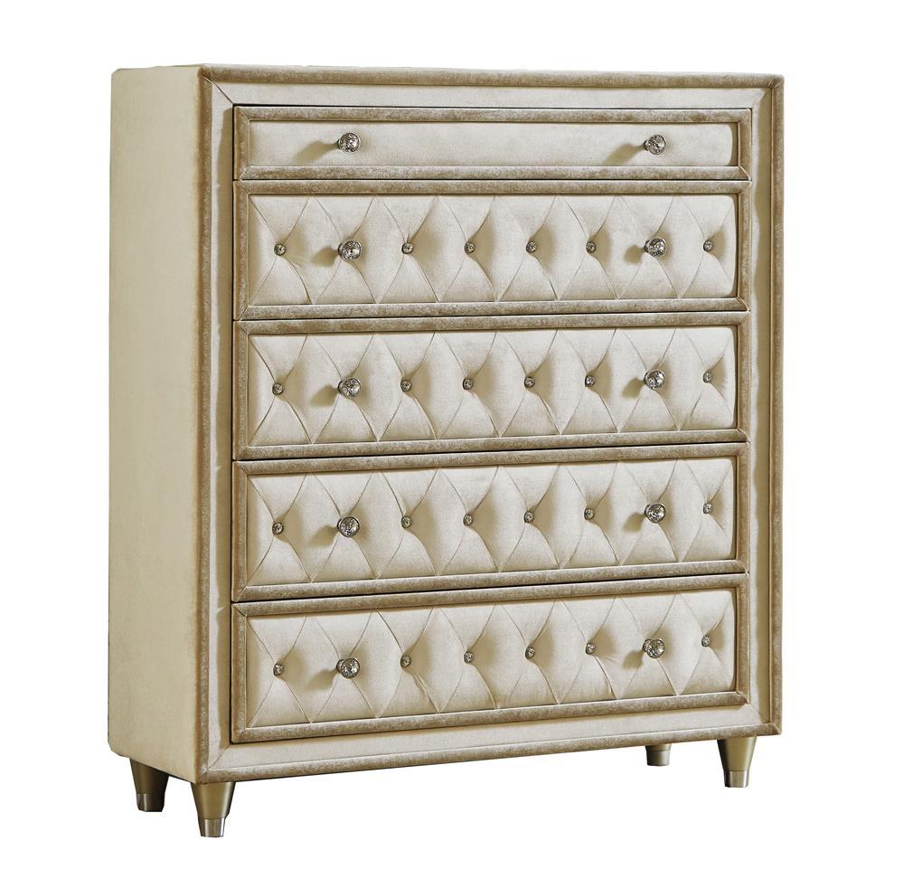 Antonella 5-drawer Upholstered Chest Ivory and Camel - Ideal Furniture (Fresno,CA)