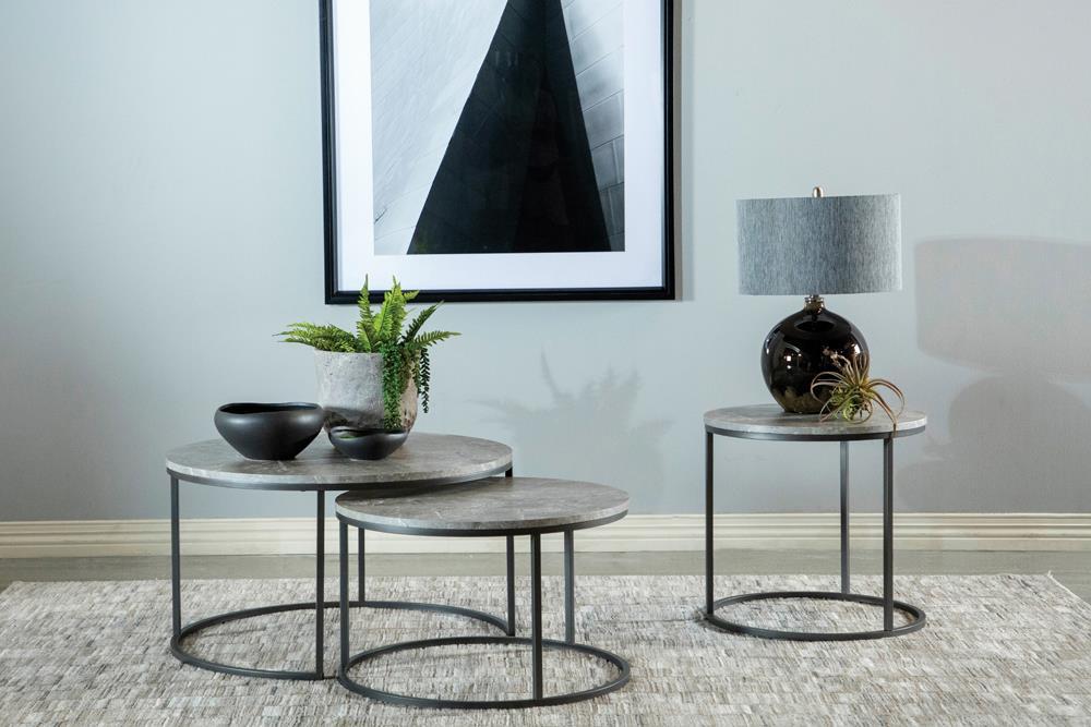 Lainey Faux Marble Round Top End Table Grey and Gunmetal - Ideal Furniture (Fresno,CA)