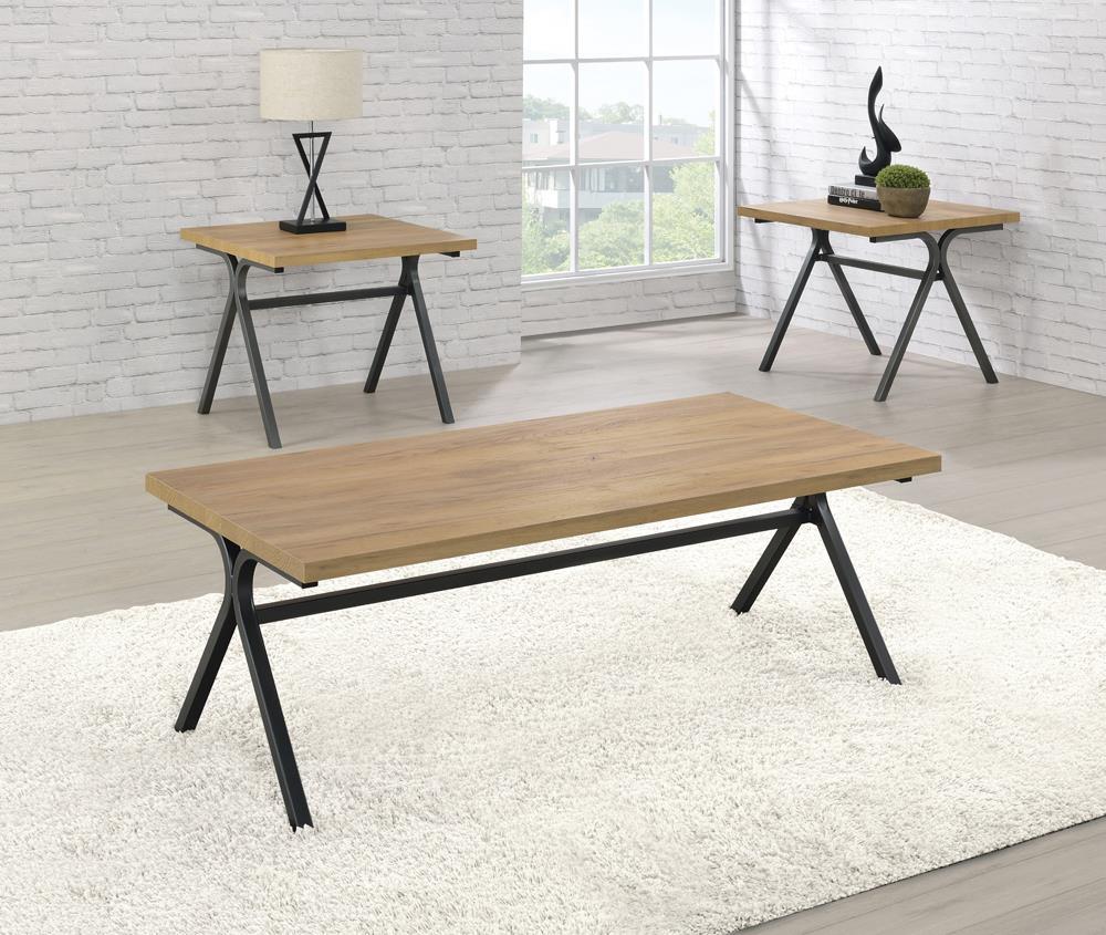 Colmar 3-piece Trestle Occasional Table Set Golden Oak and Gunmetal - Ideal Furniture (Fresno,CA)