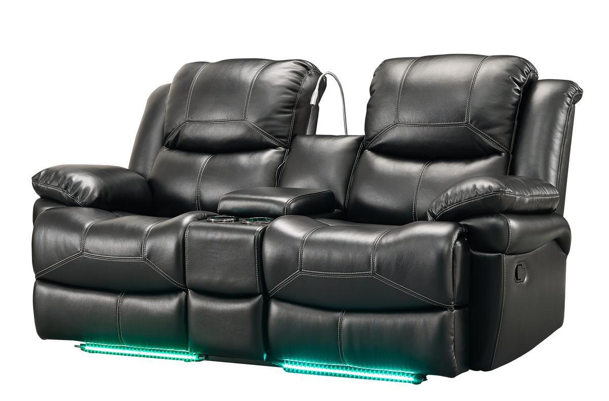 New Classic Flynn Power Console Loveseat (Lights) in Premier Black - Ideal Furniture (Fresno,CA)